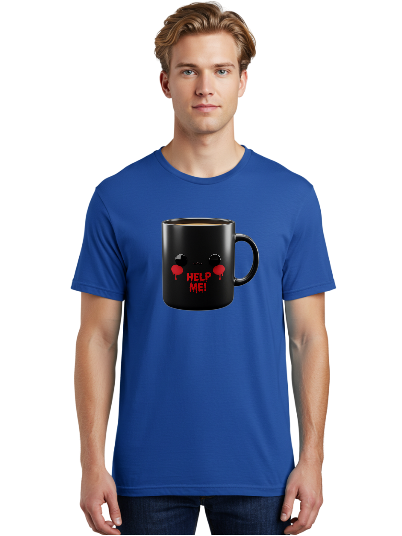 Help-Me-3 Men'S Graphic Tee, 100% Cotton, Comfortable Casual Summer Wear, Machine Washable, Black Coffee Mug, Cartoon Face, Red Tears, Distressed Design, Creepy Humor, Bold Graphics, Funny Mugs, Novelty Coffee Cups, Quirky Gifts, Eerie Decor Bac043