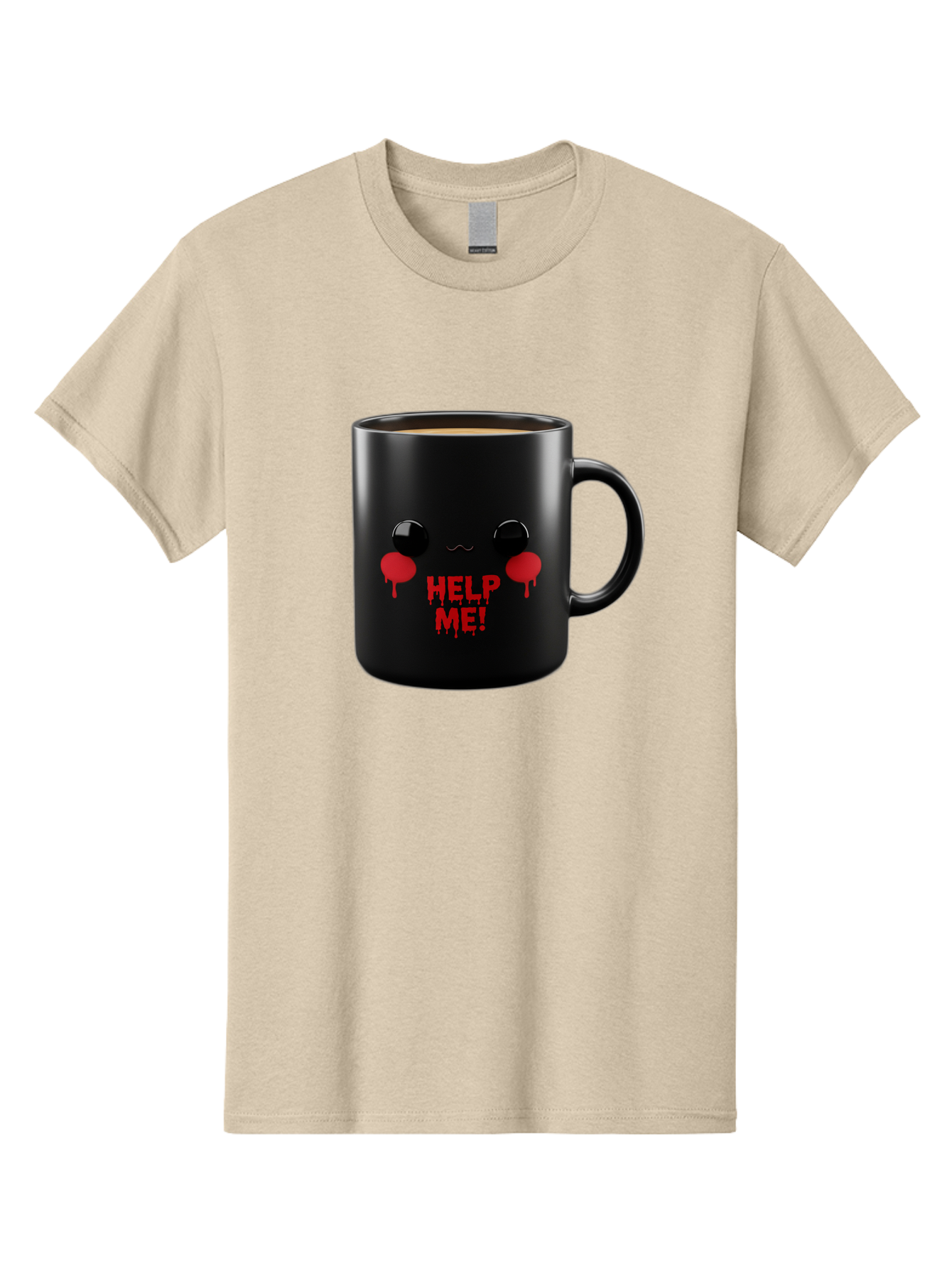 Help-Me-3 Men'S Graphic Tee, 100% Cotton, Comfortable Casual Summer Wear, Machine Washable, Black Coffee Mug, Cartoon Face, Red Tears, Distressed Design, Creepy Humor, Bold Graphics, Funny Mugs, Novelty Coffee Cups, Quirky Gifts, Eerie Decor Bac043
