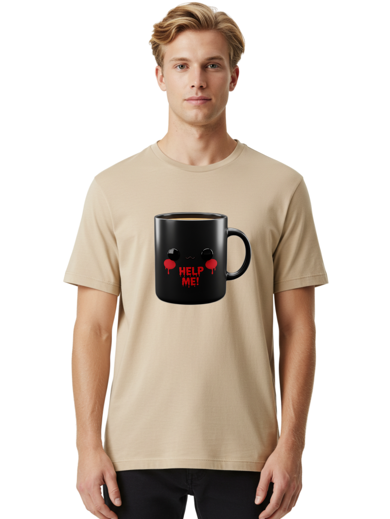 Help-Me-3 Men'S Graphic Tee, 100% Cotton, Comfortable Casual Summer Wear, Machine Washable, Black Coffee Mug, Cartoon Face, Red Tears, Distressed Design, Creepy Humor, Bold Graphics, Funny Mugs, Novelty Coffee Cups, Quirky Gifts, Eerie Decor Bac043
