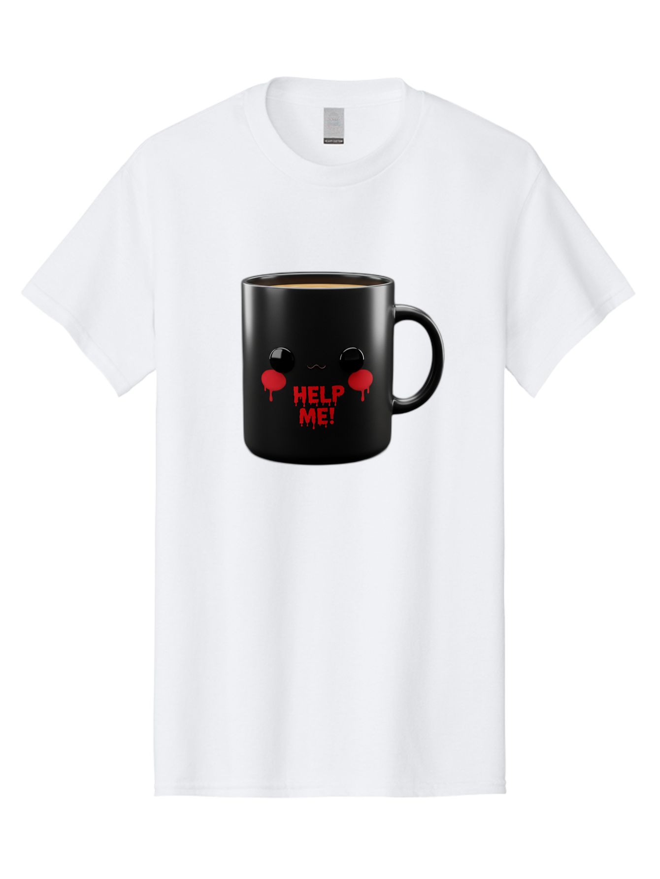Help-Me-3 Men'S Graphic Tee, 100% Cotton, Comfortable Casual Summer Wear, Machine Washable, Black Coffee Mug, Cartoon Face, Red Tears, Distressed Design, Creepy Humor, Bold Graphics, Funny Mugs, Novelty Coffee Cups, Quirky Gifts, Eerie Decor Bac043