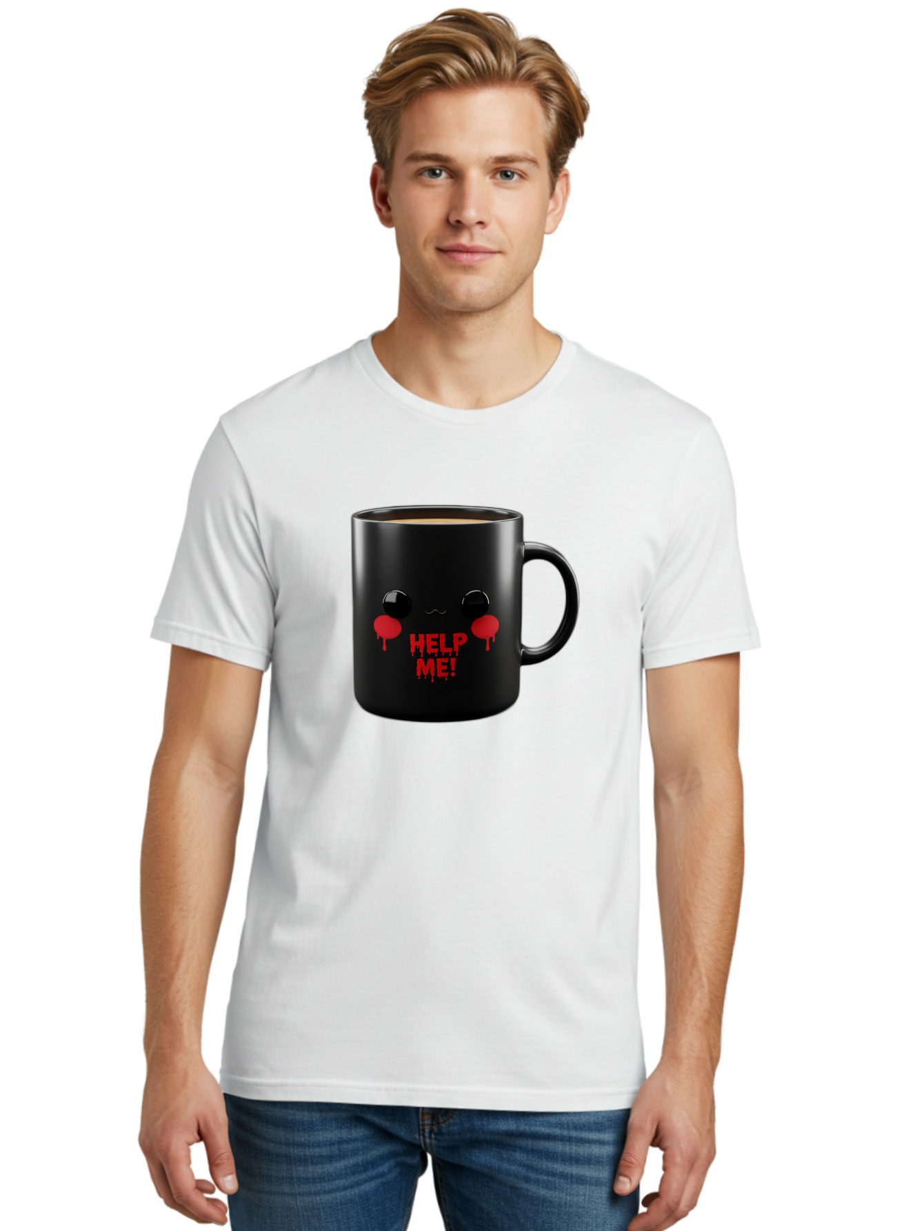 Help-Me-3 Men'S Graphic Tee, 100% Cotton, Comfortable Casual Summer Wear, Machine Washable, Black Coffee Mug, Cartoon Face, Red Tears, Distressed Design, Creepy Humor, Bold Graphics, Funny Mugs, Novelty Coffee Cups, Quirky Gifts, Eerie Decor Bac043