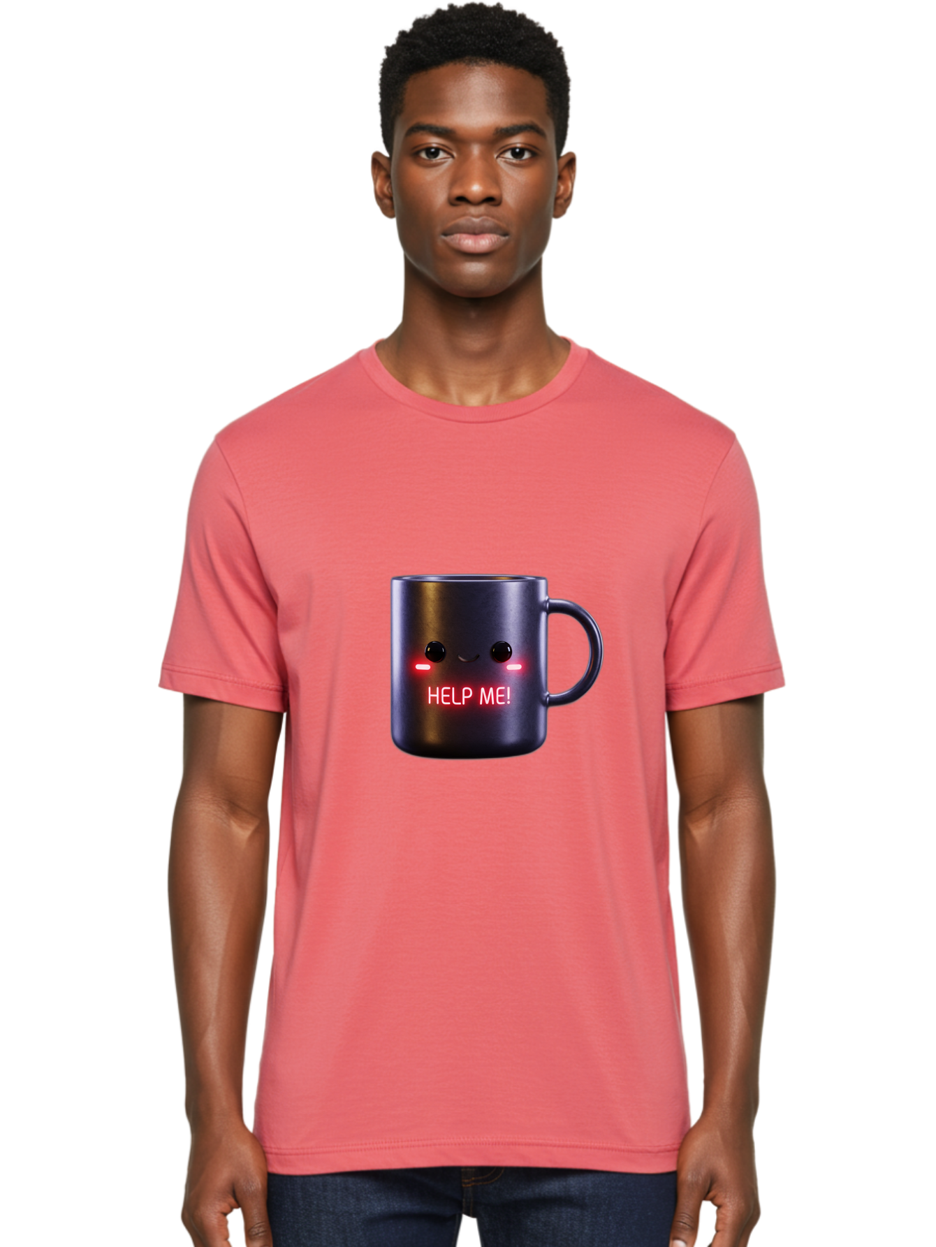 Help-Me-4 Men'S Graphic Tee, 100% Cotton, Comfortable Casual Summer Wear, Machine Washable, Glowing Mug, Distress Signal, Help Me Message, Emotional Coffee Cup, Quirky Design, Unique Gift Idea, Led Coffee Mug Bac044