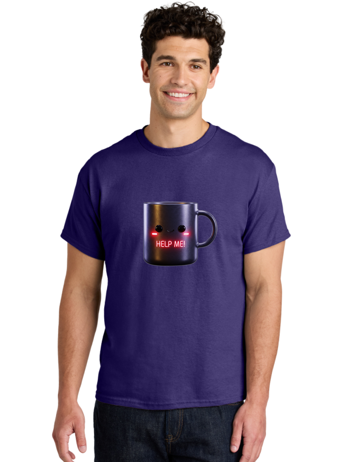 Help-Me-4 Men'S Graphic Tee, 100% Cotton, Comfortable Casual Summer Wear, Machine Washable, Glowing Mug, Distress Signal, Help Me Message, Emotional Coffee Cup, Quirky Design, Unique Gift Idea, Led Coffee Mug Bac044