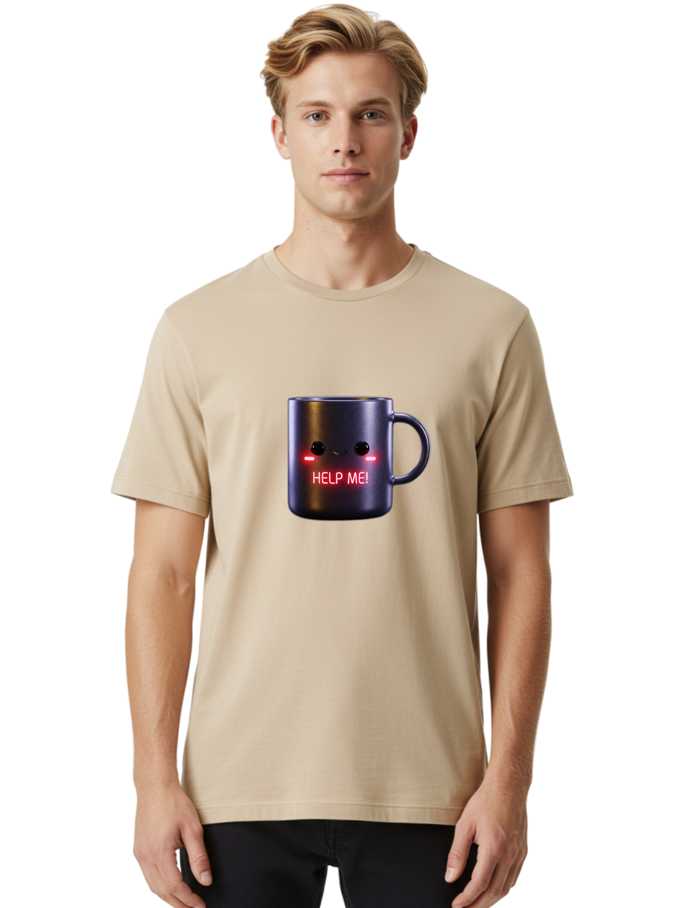 Help-Me-4 Men'S Graphic Tee, 100% Cotton, Comfortable Casual Summer Wear, Machine Washable, Glowing Mug, Distress Signal, Help Me Message, Emotional Coffee Cup, Quirky Design, Unique Gift Idea, Led Coffee Mug Bac044