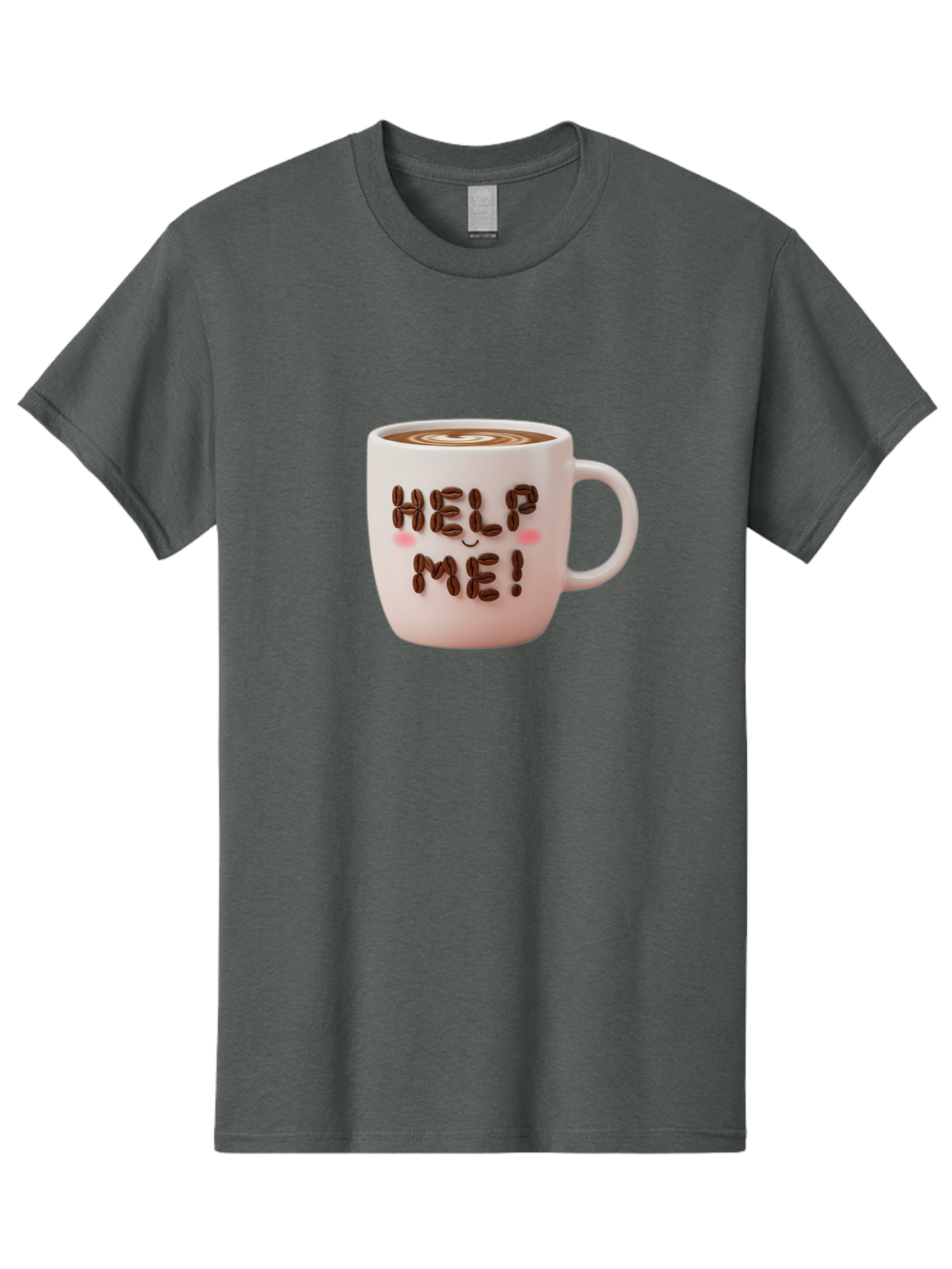 Help-Me-5 Men'S Graphic Tee, 100% Cotton, Comfortable Casual Summer Wear, Machine Washable, Coffee Mug With Coffee Beans Spelling Help Me!, Cute Coffee Cup, Coffee Lover Gift, Coffee Humor, Latte Art, Morning Coffee, Coffee Break Bac045