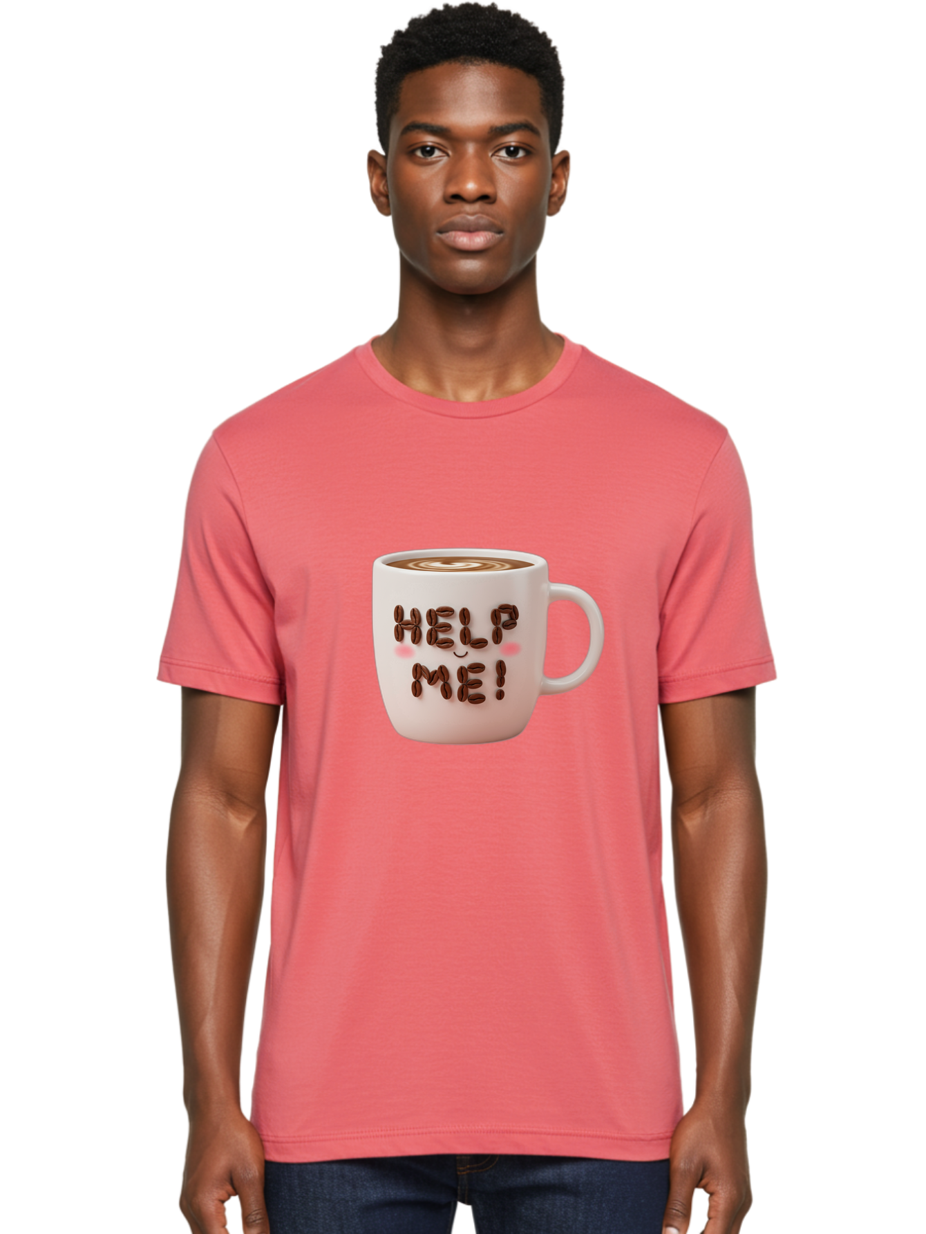 Help-Me-5 Men'S Graphic Tee, 100% Cotton, Comfortable Casual Summer Wear, Machine Washable, Coffee Mug With Coffee Beans Spelling Help Me!, Cute Coffee Cup, Coffee Lover Gift, Coffee Humor, Latte Art, Morning Coffee, Coffee Break Bac045