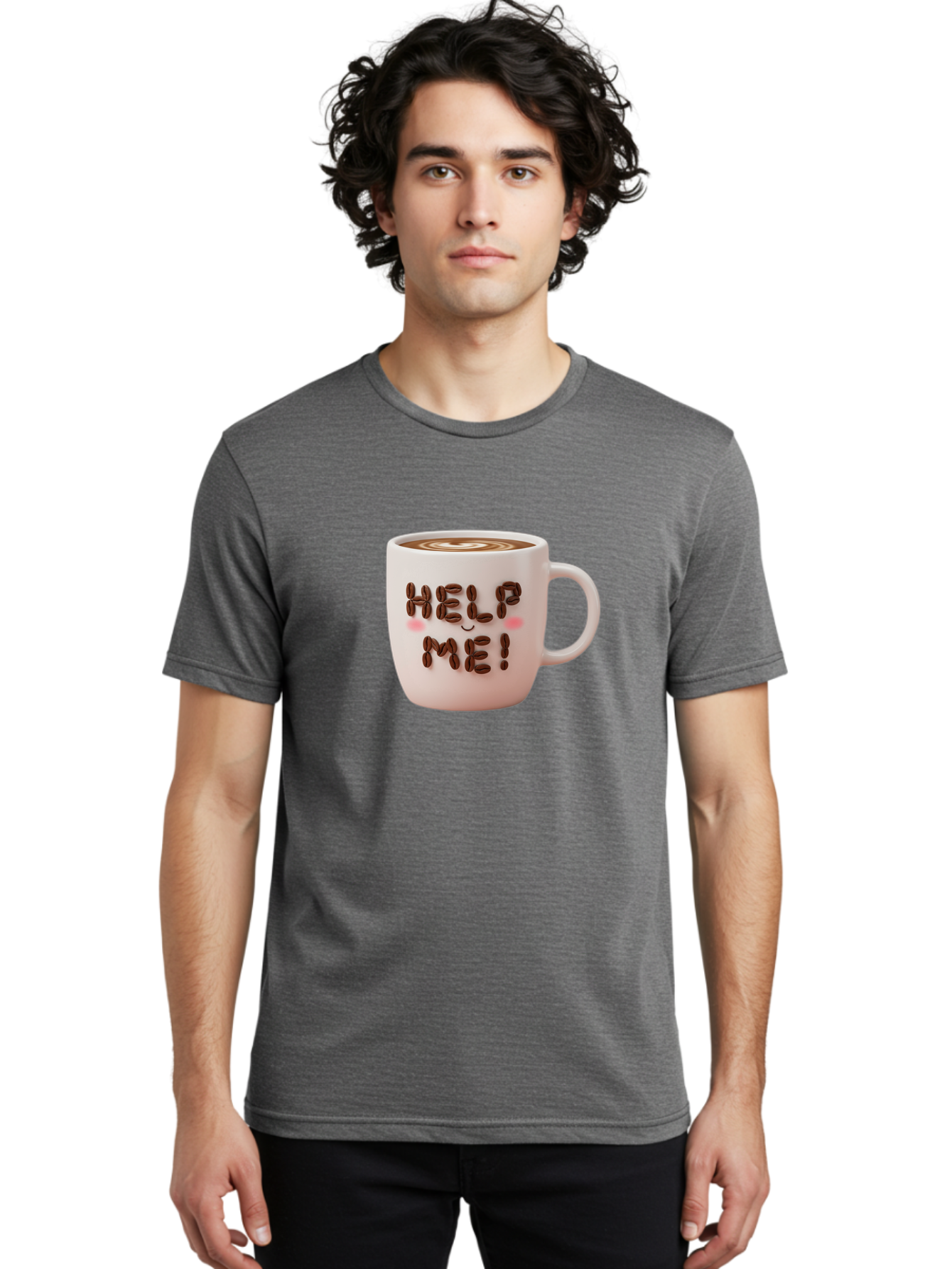 Help-Me-5 Men'S Graphic Tee, 100% Cotton, Comfortable Casual Summer Wear, Machine Washable, Coffee Mug With Coffee Beans Spelling Help Me!, Cute Coffee Cup, Coffee Lover Gift, Coffee Humor, Latte Art, Morning Coffee, Coffee Break Bac045