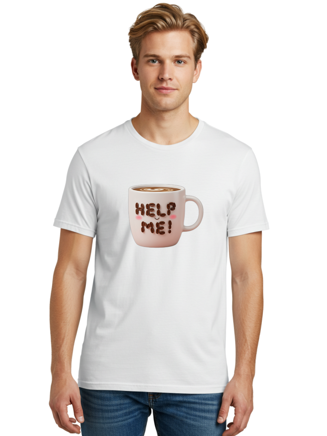 Help-Me-5 Men'S Graphic Tee, 100% Cotton, Comfortable Casual Summer Wear, Machine Washable, Coffee Mug With Coffee Beans Spelling Help Me!, Cute Coffee Cup, Coffee Lover Gift, Coffee Humor, Latte Art, Morning Coffee, Coffee Break Bac045