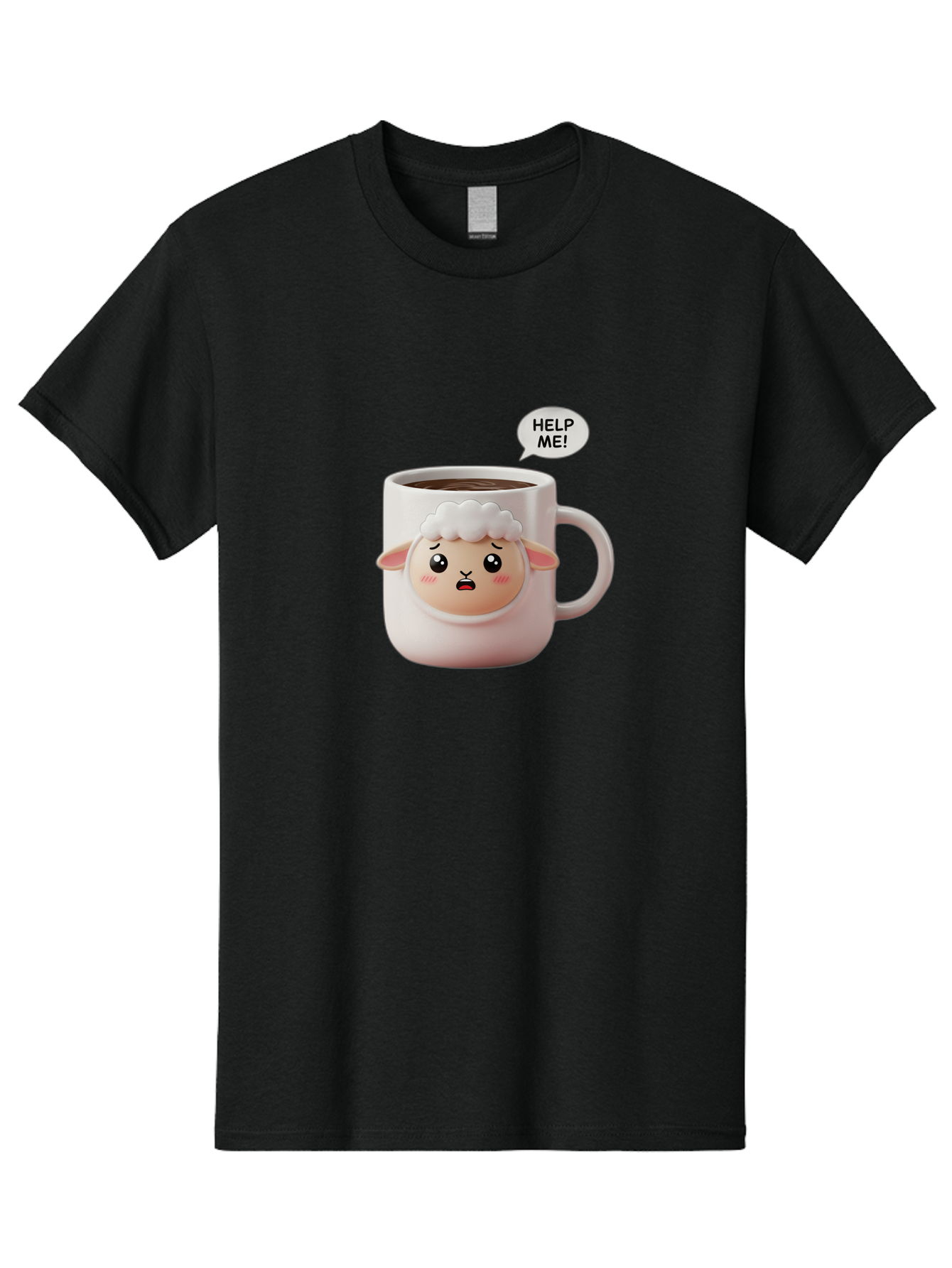 Help-Me-6 Men'S Graphic Tee, 100% Cotton, Comfortable Casual Summer Wear, Machine Washable, Sheep Mug, Coffee Cup, Helping Hand, Distressed Lamb, Cute Cartoon Character, Funny Meme, Adorable Design, Coffee Lover Gift, Quirky Humor, Sheep Face, Bac046