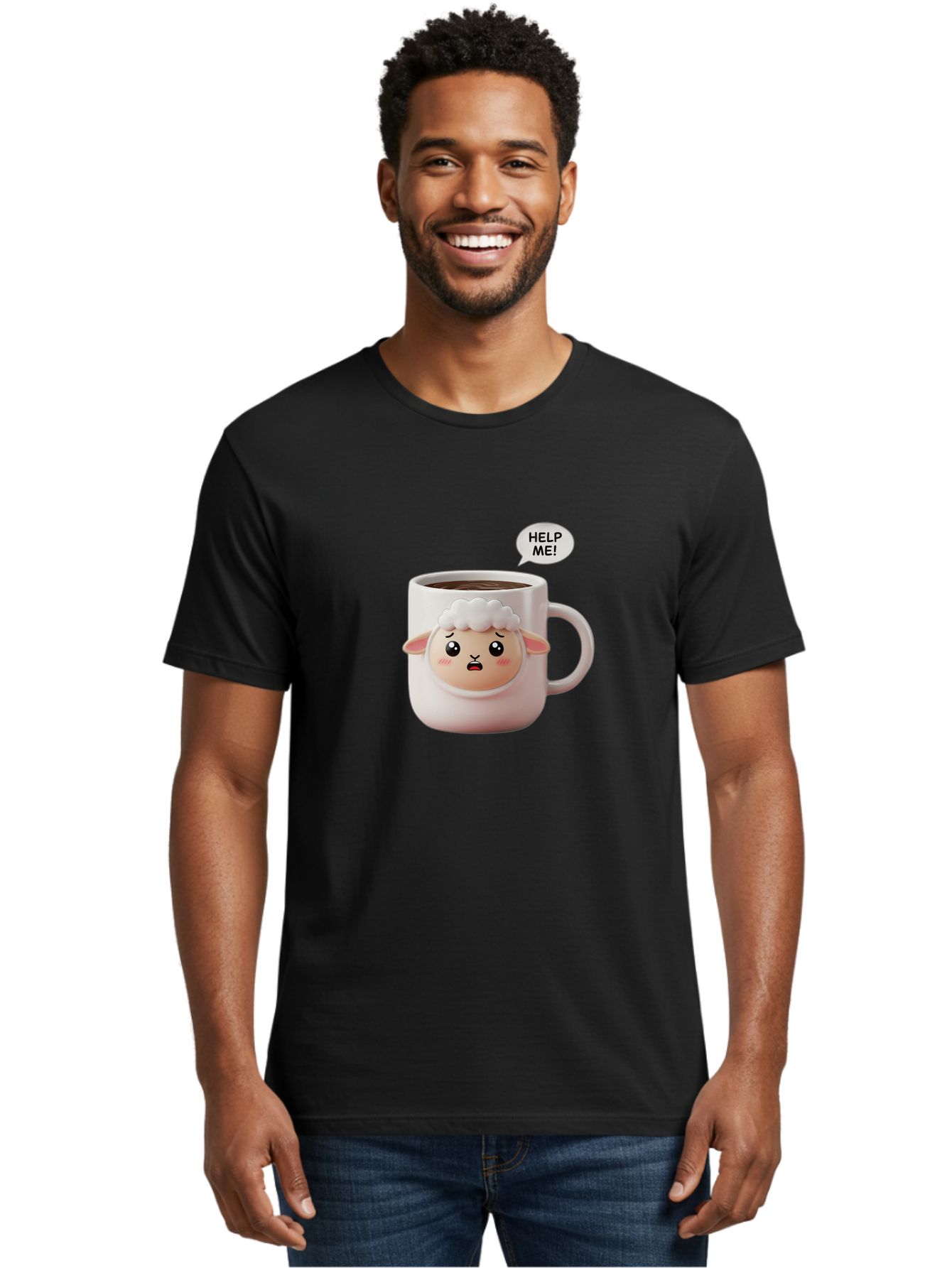 Help-Me-6 Men'S Graphic Tee, 100% Cotton, Comfortable Casual Summer Wear, Machine Washable, Sheep Mug, Coffee Cup, Helping Hand, Distressed Lamb, Cute Cartoon Character, Funny Meme, Adorable Design, Coffee Lover Gift, Quirky Humor, Sheep Face, Bac046