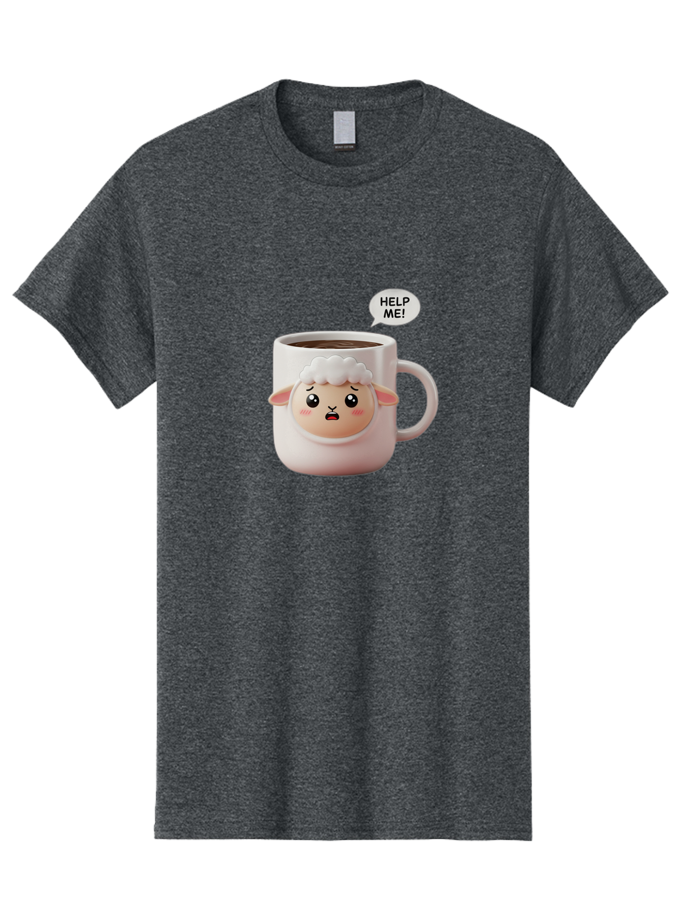 Help-Me-6 Men'S Graphic Tee, 100% Cotton, Comfortable Casual Summer Wear, Machine Washable, Sheep Mug, Coffee Cup, Helping Hand, Distressed Lamb, Cute Cartoon Character, Funny Meme, Adorable Design, Coffee Lover Gift, Quirky Humor, Sheep Face, Bac046