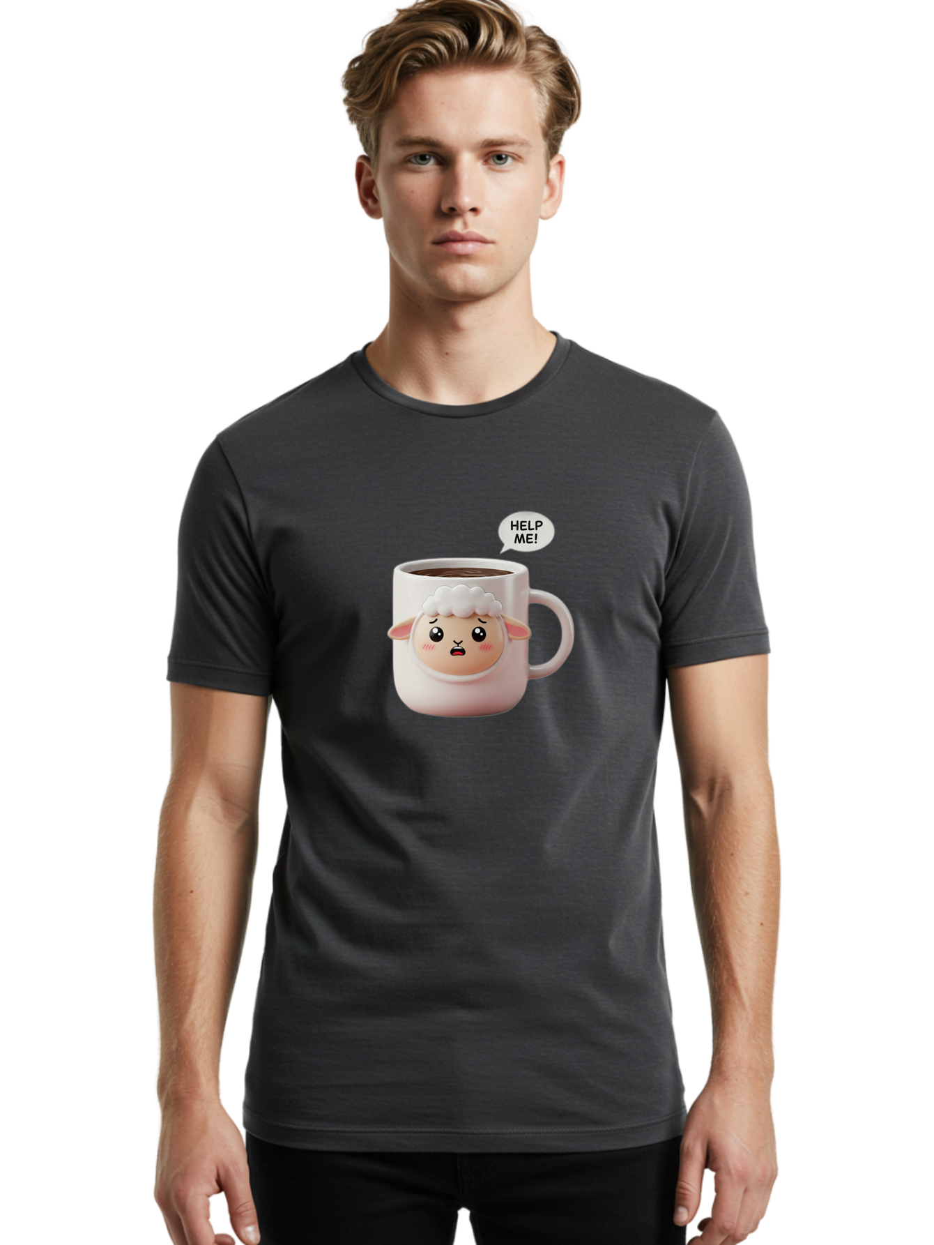 Help-Me-6 Men'S Graphic Tee, 100% Cotton, Comfortable Casual Summer Wear, Machine Washable, Sheep Mug, Coffee Cup, Helping Hand, Distressed Lamb, Cute Cartoon Character, Funny Meme, Adorable Design, Coffee Lover Gift, Quirky Humor, Sheep Face, Bac046