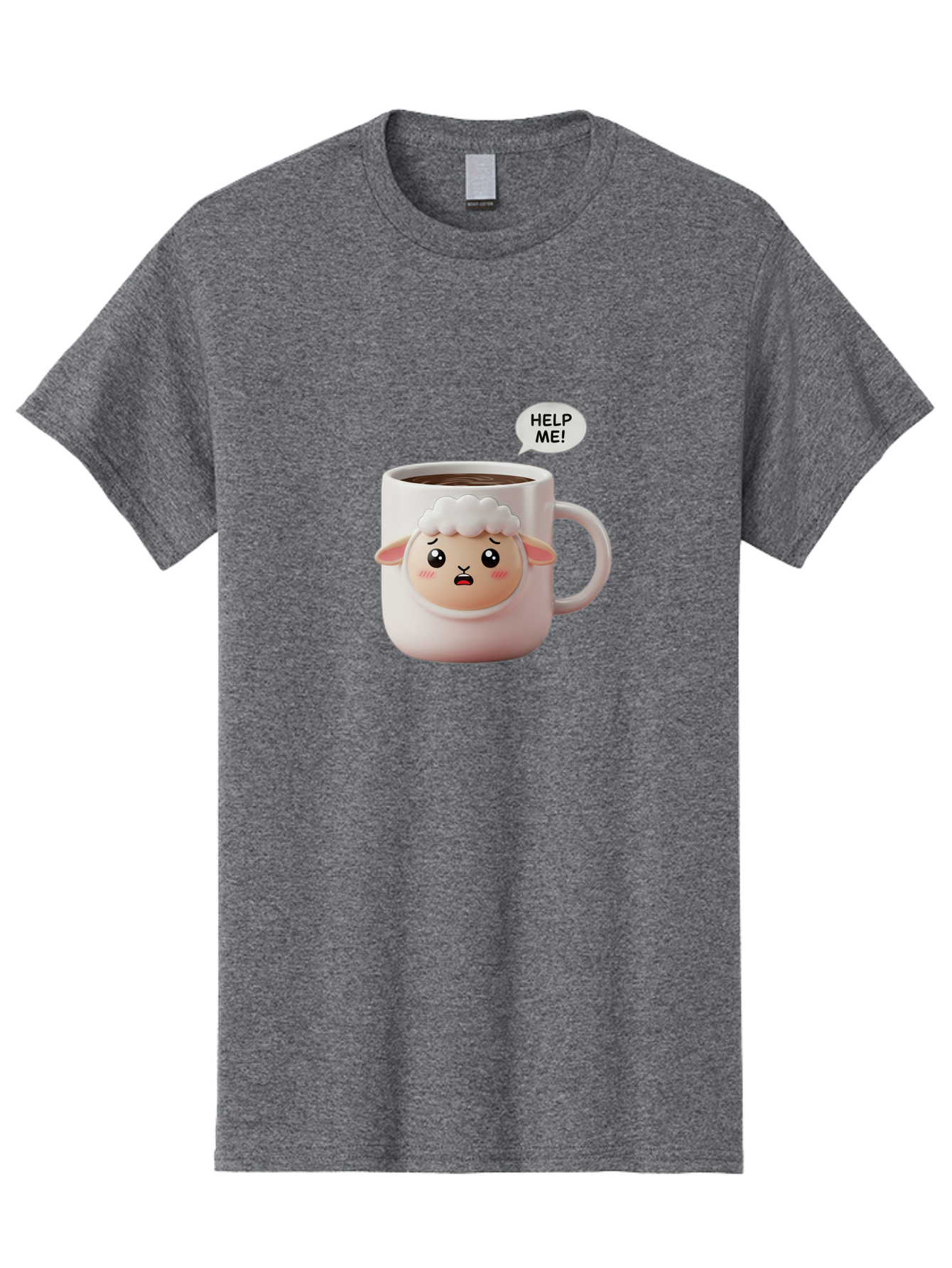 Help-Me-6 Men'S Graphic Tee, 100% Cotton, Comfortable Casual Summer Wear, Machine Washable, Sheep Mug, Coffee Cup, Helping Hand, Distressed Lamb, Cute Cartoon Character, Funny Meme, Adorable Design, Coffee Lover Gift, Quirky Humor, Sheep Face, Bac046