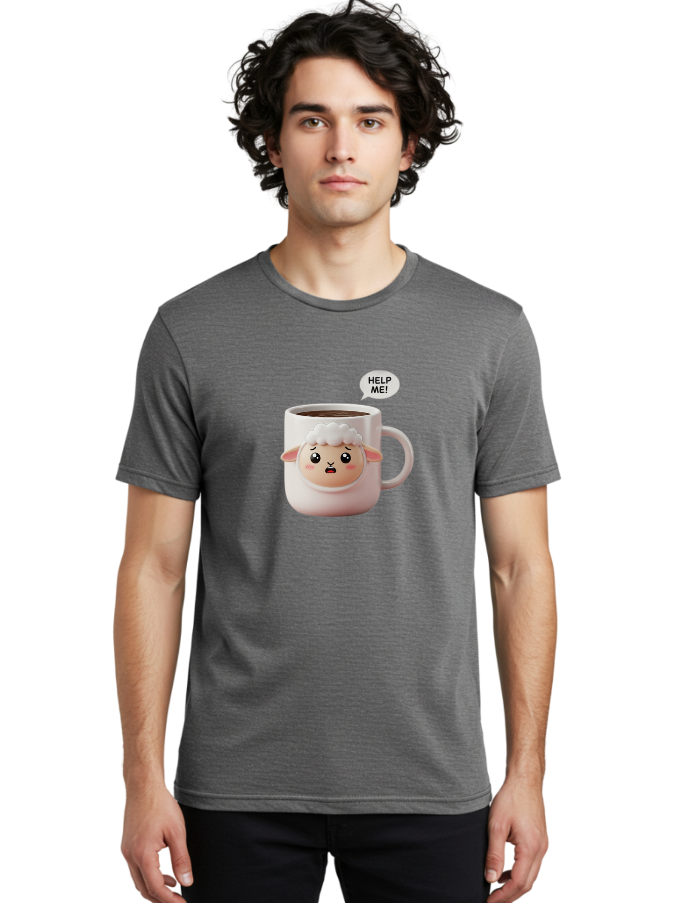 Help-Me-6 Men'S Graphic Tee, 100% Cotton, Comfortable Casual Summer Wear, Machine Washable, Sheep Mug, Coffee Cup, Helping Hand, Distressed Lamb, Cute Cartoon Character, Funny Meme, Adorable Design, Coffee Lover Gift, Quirky Humor, Sheep Face, Bac046