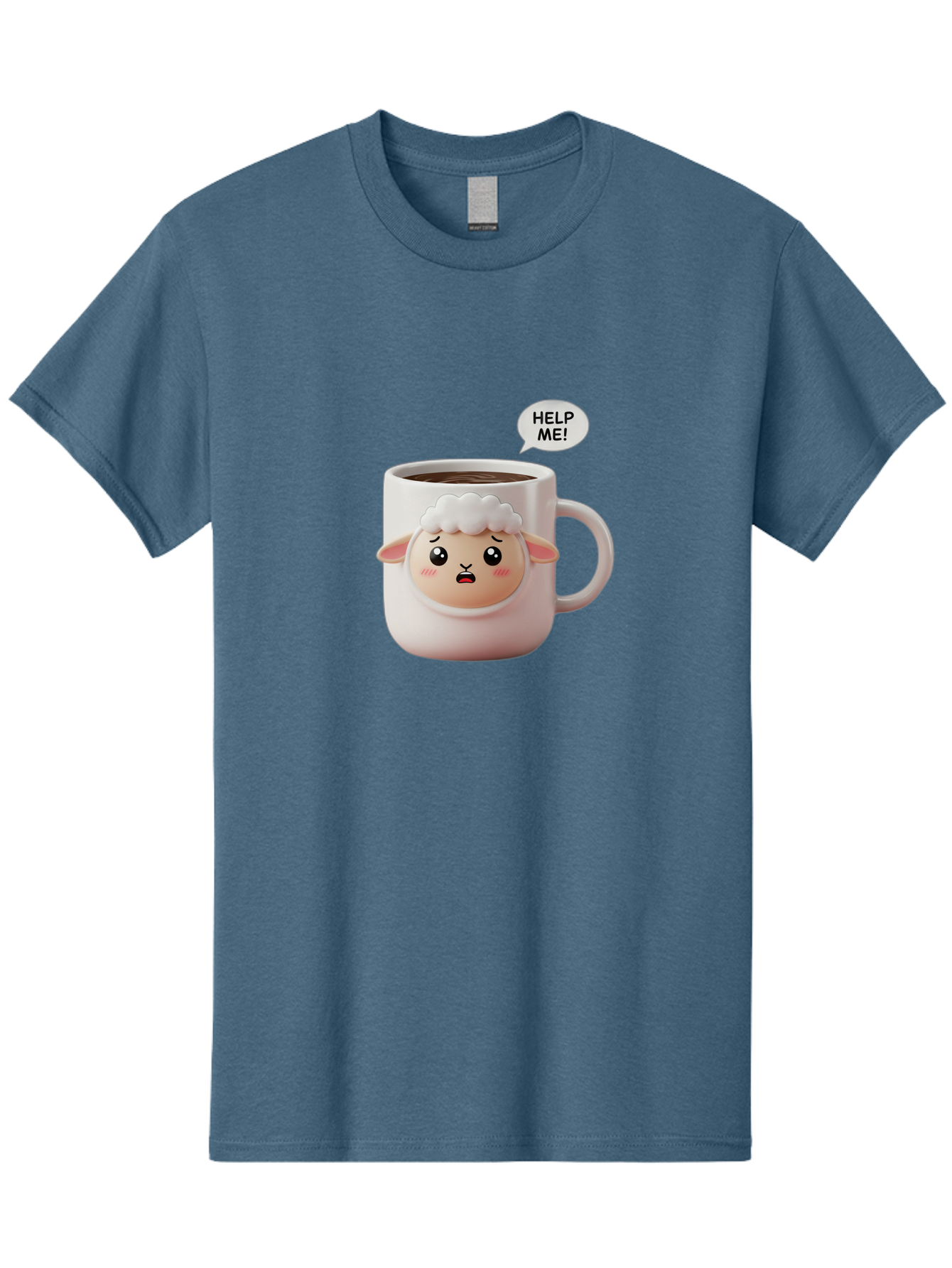 Help-Me-6 Men'S Graphic Tee, 100% Cotton, Comfortable Casual Summer Wear, Machine Washable, Sheep Mug, Coffee Cup, Helping Hand, Distressed Lamb, Cute Cartoon Character, Funny Meme, Adorable Design, Coffee Lover Gift, Quirky Humor, Sheep Face, Bac046