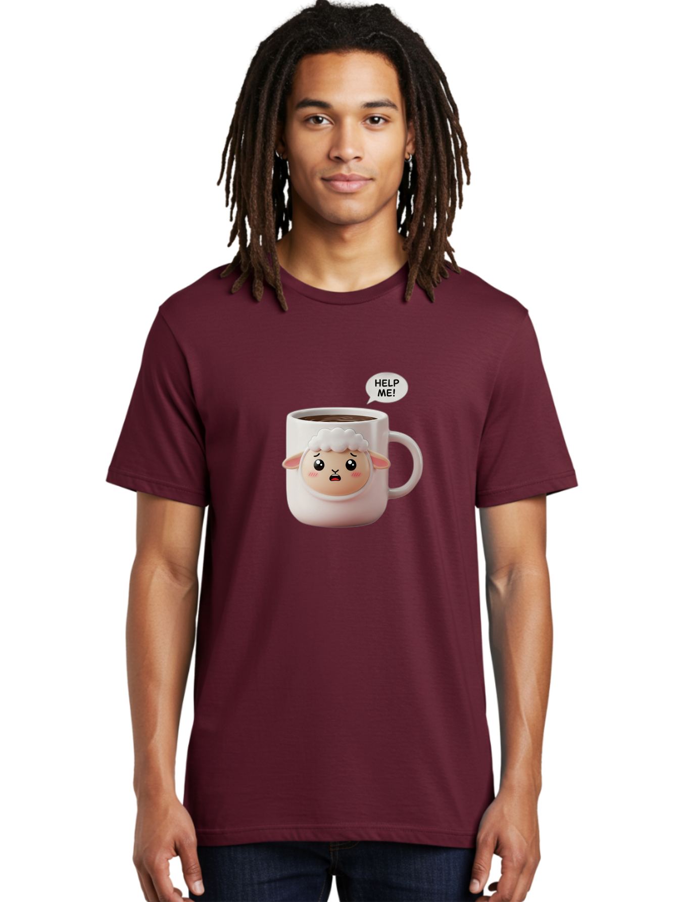 Help-Me-6 Men'S Graphic Tee, 100% Cotton, Comfortable Casual Summer Wear, Machine Washable, Sheep Mug, Coffee Cup, Helping Hand, Distressed Lamb, Cute Cartoon Character, Funny Meme, Adorable Design, Coffee Lover Gift, Quirky Humor, Sheep Face, Bac046