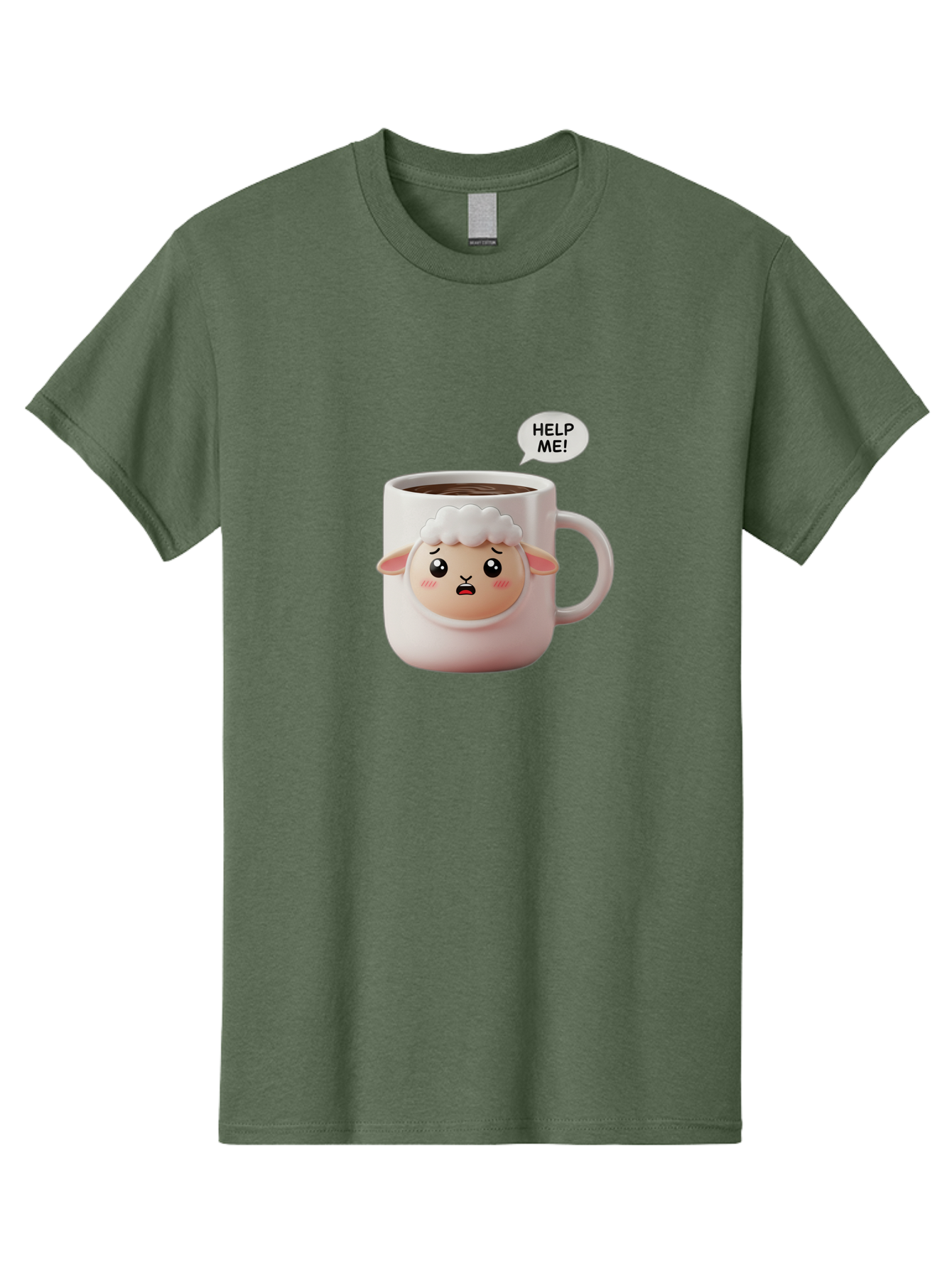 Help-Me-6 Men'S Graphic Tee, 100% Cotton, Comfortable Casual Summer Wear, Machine Washable, Sheep Mug, Coffee Cup, Helping Hand, Distressed Lamb, Cute Cartoon Character, Funny Meme, Adorable Design, Coffee Lover Gift, Quirky Humor, Sheep Face, Bac046