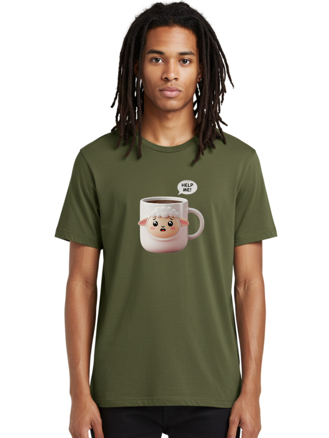 Help-Me-6 Men'S Graphic Tee, 100% Cotton, Comfortable Casual Summer Wear, Machine Washable, Sheep Mug, Coffee Cup, Helping Hand, Distressed Lamb, Cute Cartoon Character, Funny Meme, Adorable Design, Coffee Lover Gift, Quirky Humor, Sheep Face, Bac046