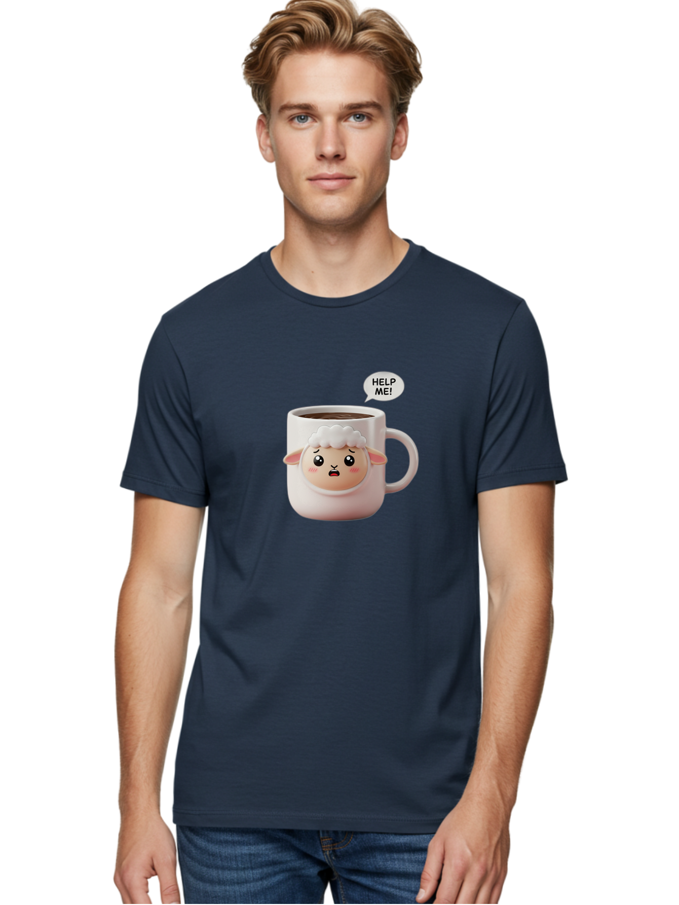 Help-Me-6 Men'S Graphic Tee, 100% Cotton, Comfortable Casual Summer Wear, Machine Washable, Sheep Mug, Coffee Cup, Helping Hand, Distressed Lamb, Cute Cartoon Character, Funny Meme, Adorable Design, Coffee Lover Gift, Quirky Humor, Sheep Face, Bac046