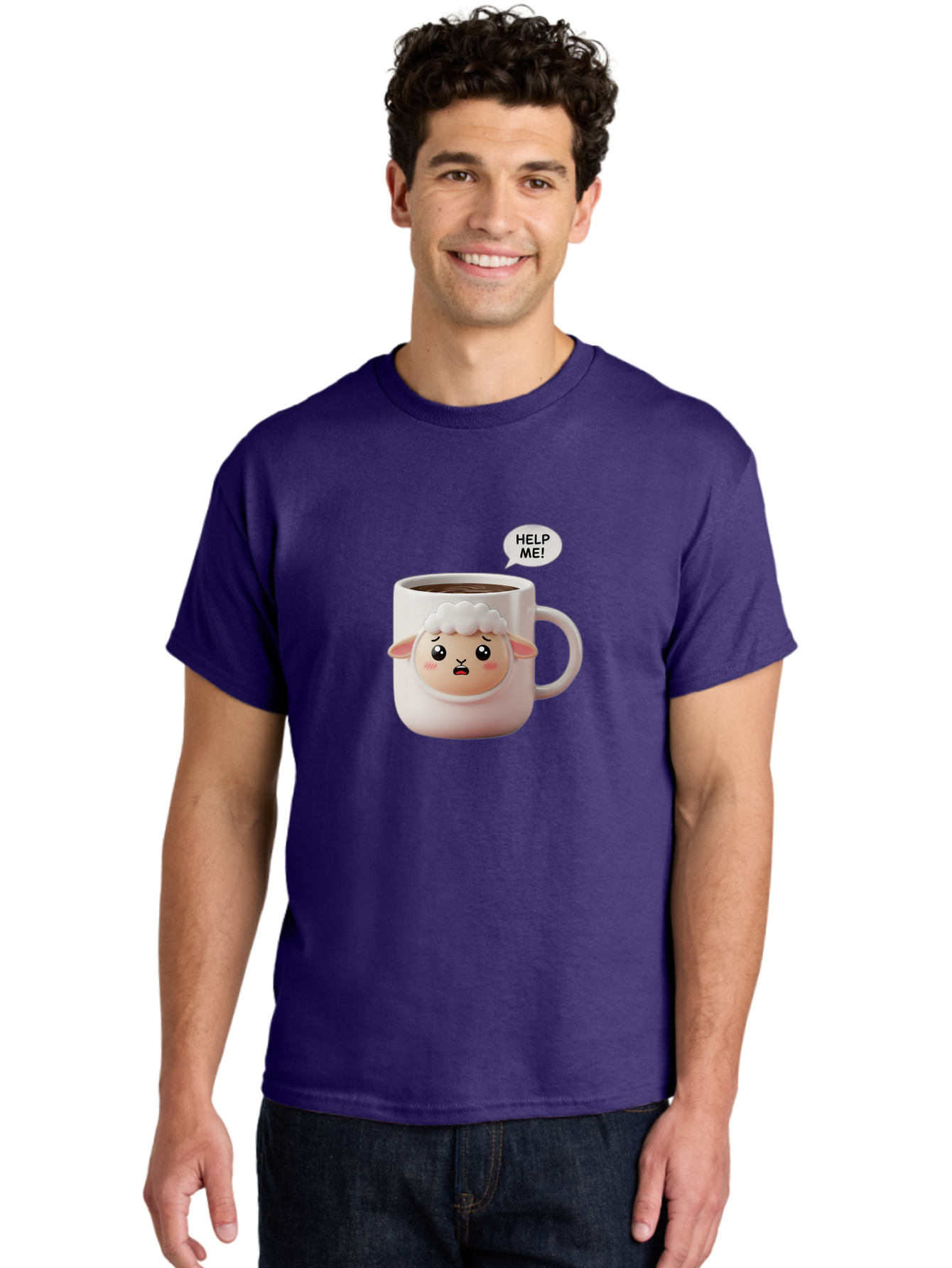 Help-Me-6 Men'S Graphic Tee, 100% Cotton, Comfortable Casual Summer Wear, Machine Washable, Sheep Mug, Coffee Cup, Helping Hand, Distressed Lamb, Cute Cartoon Character, Funny Meme, Adorable Design, Coffee Lover Gift, Quirky Humor, Sheep Face, Bac046