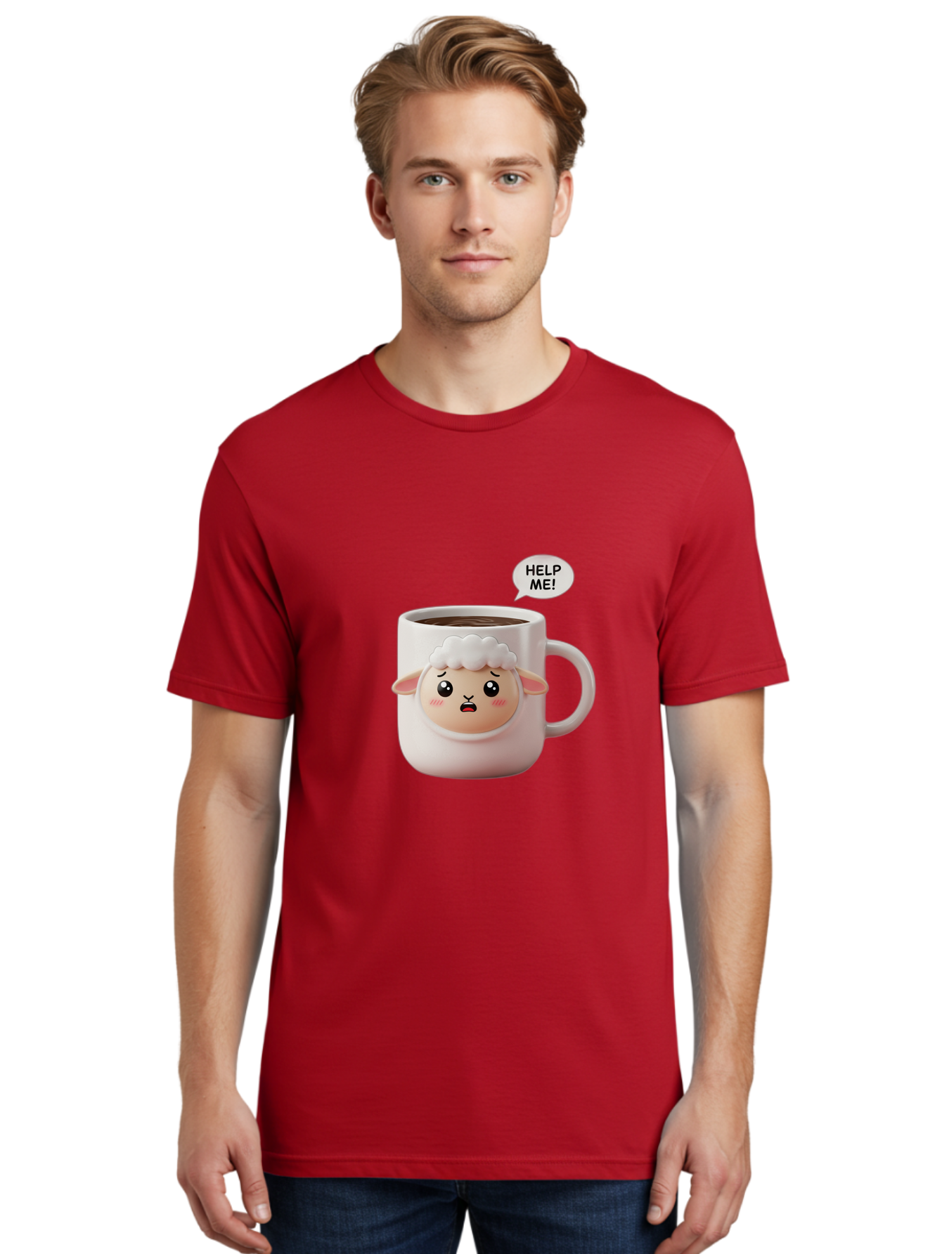 Help-Me-6 Men'S Graphic Tee, 100% Cotton, Comfortable Casual Summer Wear, Machine Washable, Sheep Mug, Coffee Cup, Helping Hand, Distressed Lamb, Cute Cartoon Character, Funny Meme, Adorable Design, Coffee Lover Gift, Quirky Humor, Sheep Face, Bac046