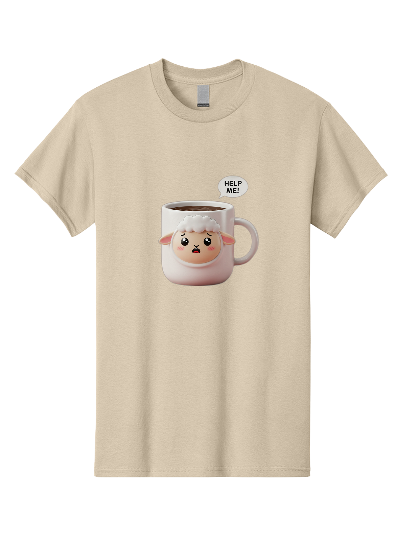 Help-Me-6 Men'S Graphic Tee, 100% Cotton, Comfortable Casual Summer Wear, Machine Washable, Sheep Mug, Coffee Cup, Helping Hand, Distressed Lamb, Cute Cartoon Character, Funny Meme, Adorable Design, Coffee Lover Gift, Quirky Humor, Sheep Face, Bac046