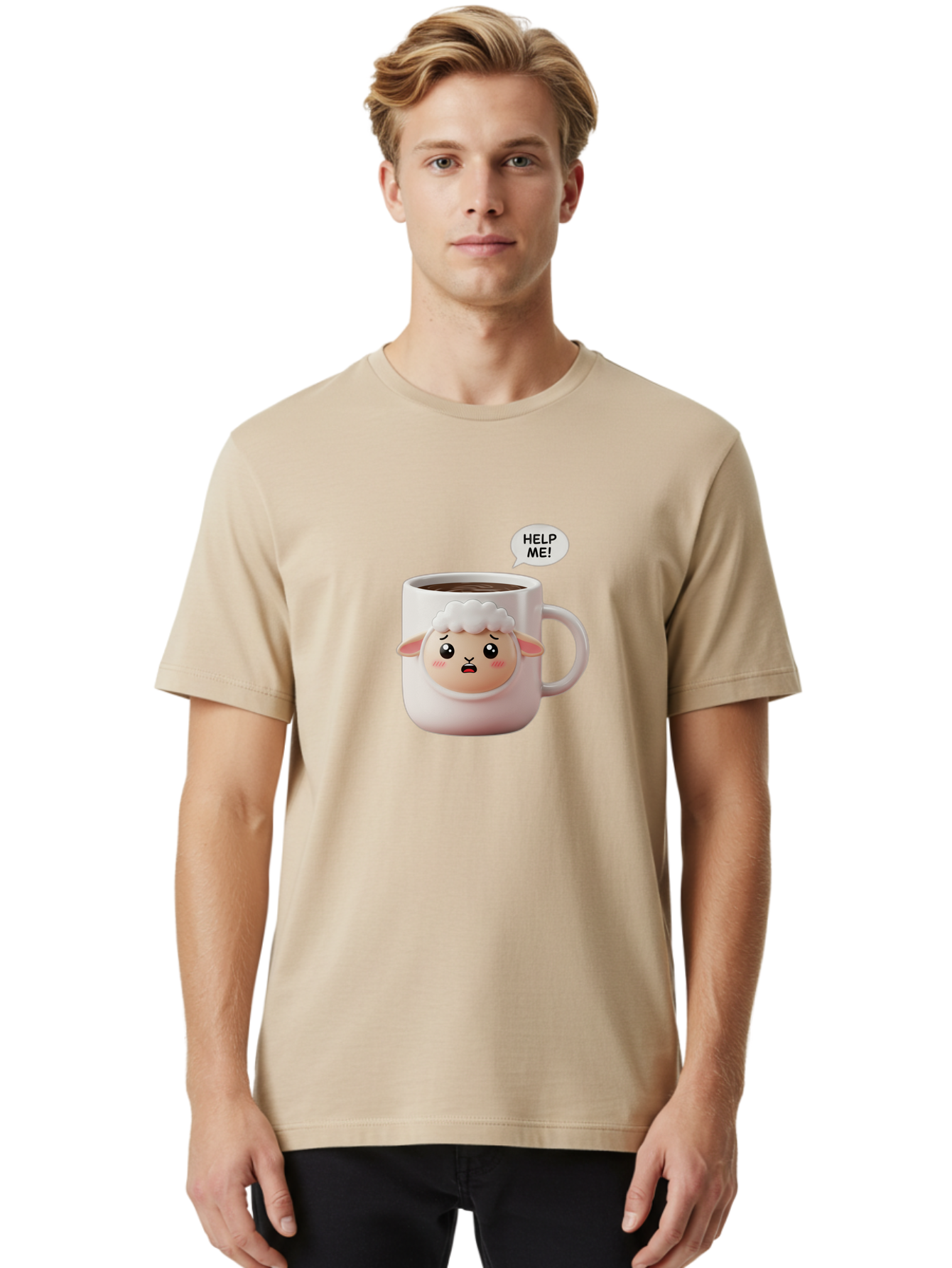 Help-Me-6 Men'S Graphic Tee, 100% Cotton, Comfortable Casual Summer Wear, Machine Washable, Sheep Mug, Coffee Cup, Helping Hand, Distressed Lamb, Cute Cartoon Character, Funny Meme, Adorable Design, Coffee Lover Gift, Quirky Humor, Sheep Face, Bac046