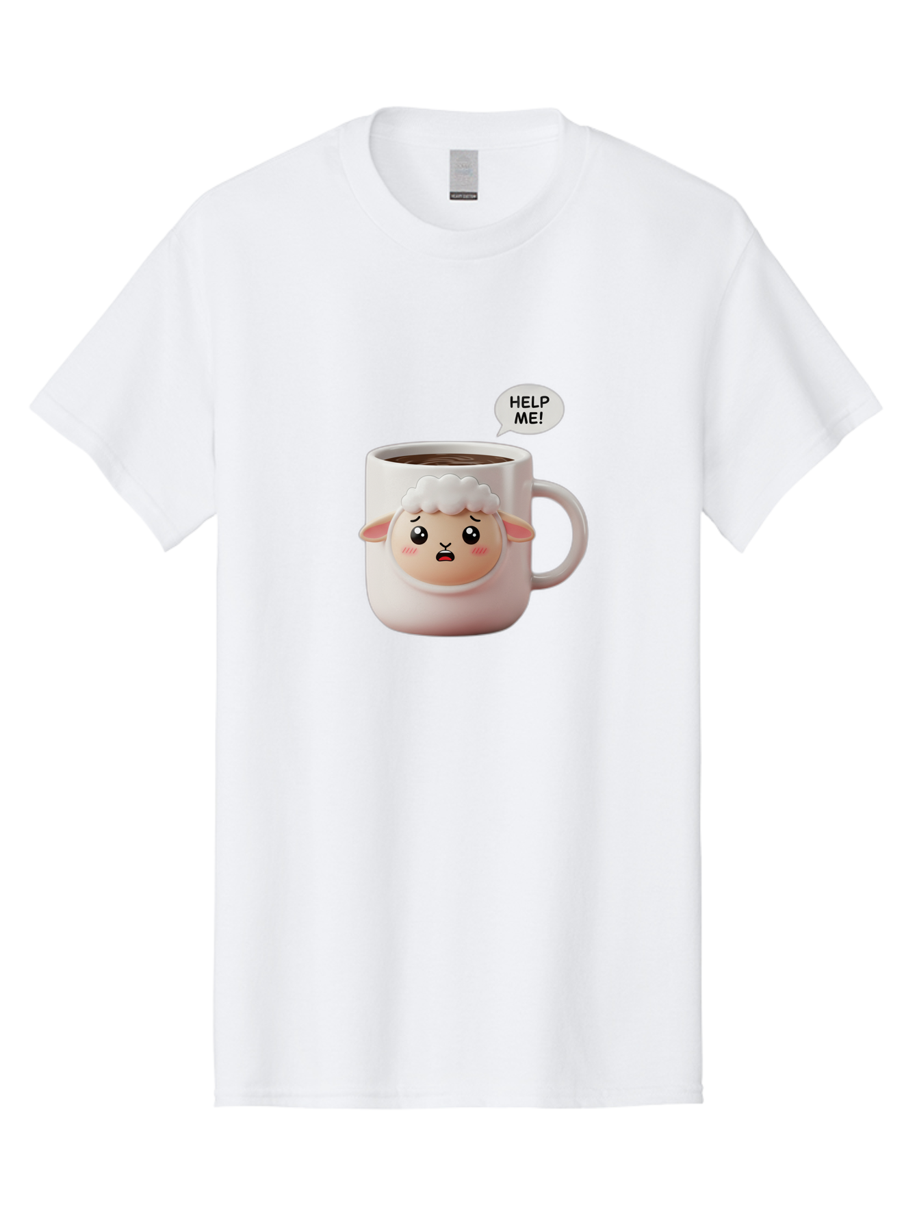 Help-Me-6 Men'S Graphic Tee, 100% Cotton, Comfortable Casual Summer Wear, Machine Washable, Sheep Mug, Coffee Cup, Helping Hand, Distressed Lamb, Cute Cartoon Character, Funny Meme, Adorable Design, Coffee Lover Gift, Quirky Humor, Sheep Face, Bac046