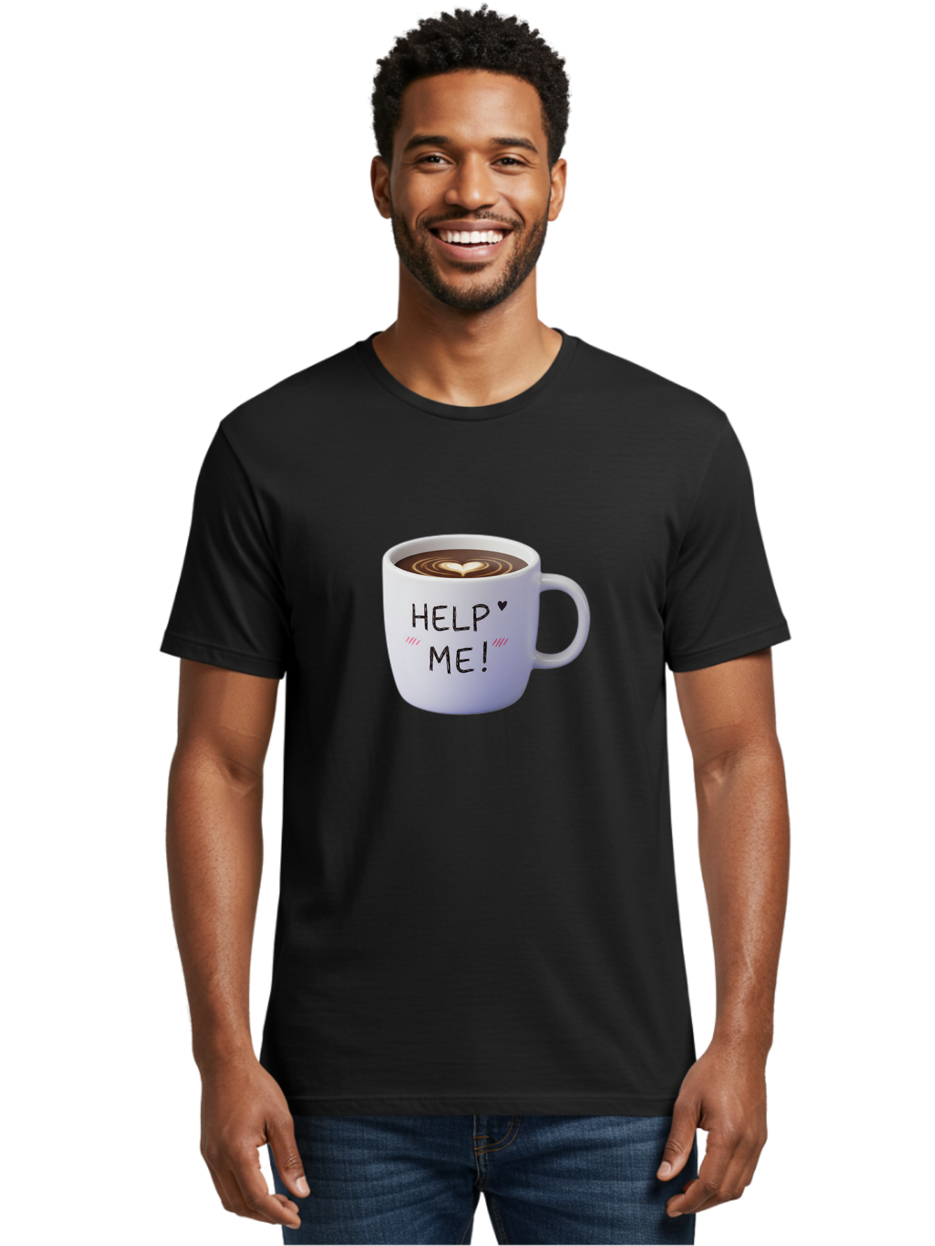 Help-Me-7 Men'S Graphic Tee, 100% Cotton, Comfortable Casual Summer Wear, Machine Washable, Coffee Mug With Heart Design, Coffee Art, 'Help Me' Text, Latte Art, Coffee Culture, Morning Pick-Me-Up, Coffee Love, Daily Grind Bac047