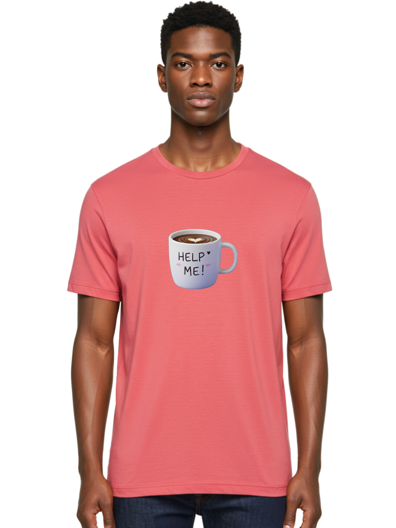 Help-Me-7 Men'S Graphic Tee, 100% Cotton, Comfortable Casual Summer Wear, Machine Washable, Coffee Mug With Heart Design, Coffee Art, 'Help Me' Text, Latte Art, Coffee Culture, Morning Pick-Me-Up, Coffee Love, Daily Grind Bac047