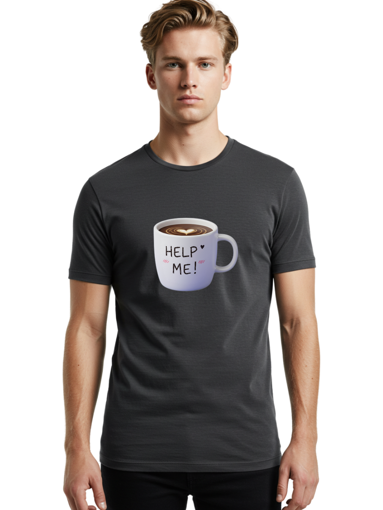 Help-Me-7 Men'S Graphic Tee, 100% Cotton, Comfortable Casual Summer Wear, Machine Washable, Coffee Mug With Heart Design, Coffee Art, 'Help Me' Text, Latte Art, Coffee Culture, Morning Pick-Me-Up, Coffee Love, Daily Grind Bac047