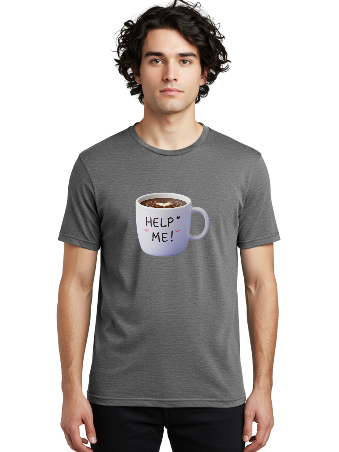Help-Me-7 Men'S Graphic Tee, 100% Cotton, Comfortable Casual Summer Wear, Machine Washable, Coffee Mug With Heart Design, Coffee Art, 'Help Me' Text, Latte Art, Coffee Culture, Morning Pick-Me-Up, Coffee Love, Daily Grind Bac047