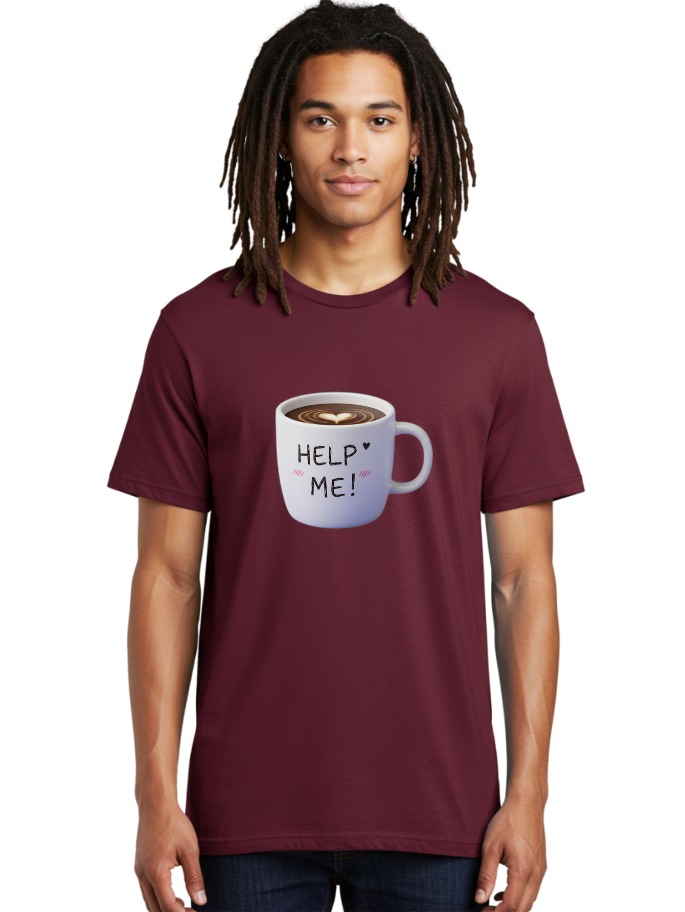 Help-Me-7 Men'S Graphic Tee, 100% Cotton, Comfortable Casual Summer Wear, Machine Washable, Coffee Mug With Heart Design, Coffee Art, 'Help Me' Text, Latte Art, Coffee Culture, Morning Pick-Me-Up, Coffee Love, Daily Grind Bac047