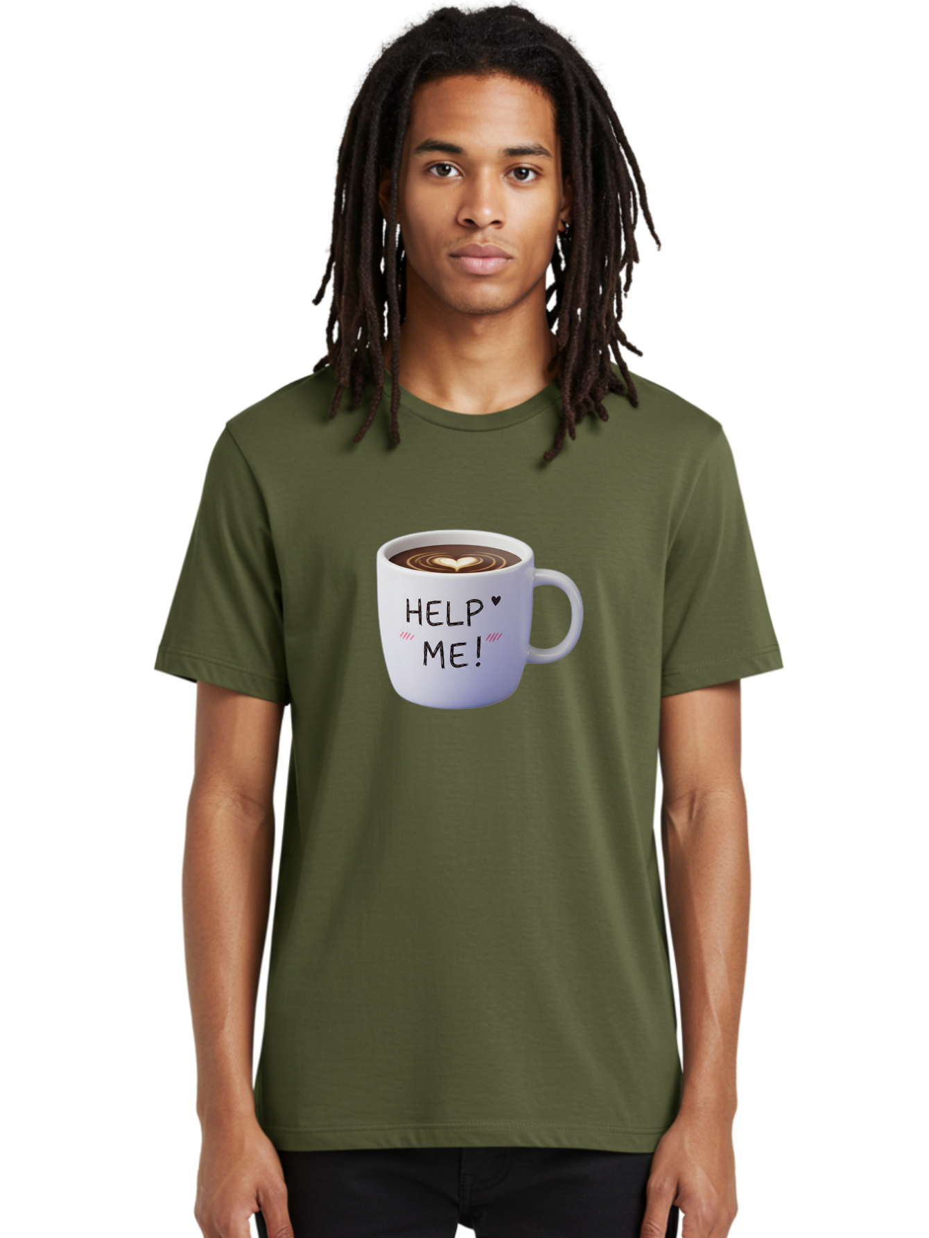 Help-Me-7 Men'S Graphic Tee, 100% Cotton, Comfortable Casual Summer Wear, Machine Washable, Coffee Mug With Heart Design, Coffee Art, 'Help Me' Text, Latte Art, Coffee Culture, Morning Pick-Me-Up, Coffee Love, Daily Grind Bac047