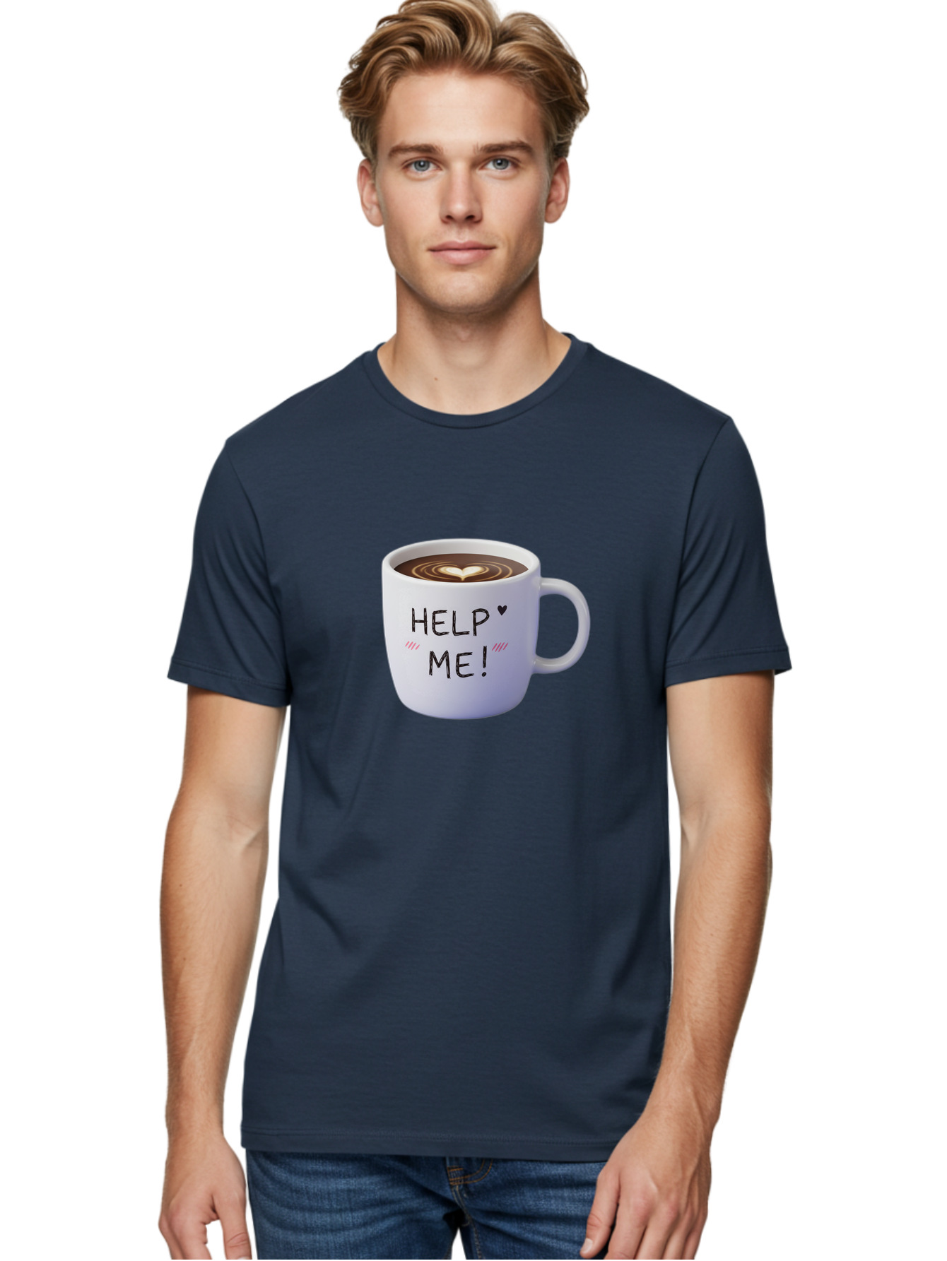 Help-Me-7 Men'S Graphic Tee, 100% Cotton, Comfortable Casual Summer Wear, Machine Washable, Coffee Mug With Heart Design, Coffee Art, 'Help Me' Text, Latte Art, Coffee Culture, Morning Pick-Me-Up, Coffee Love, Daily Grind Bac047