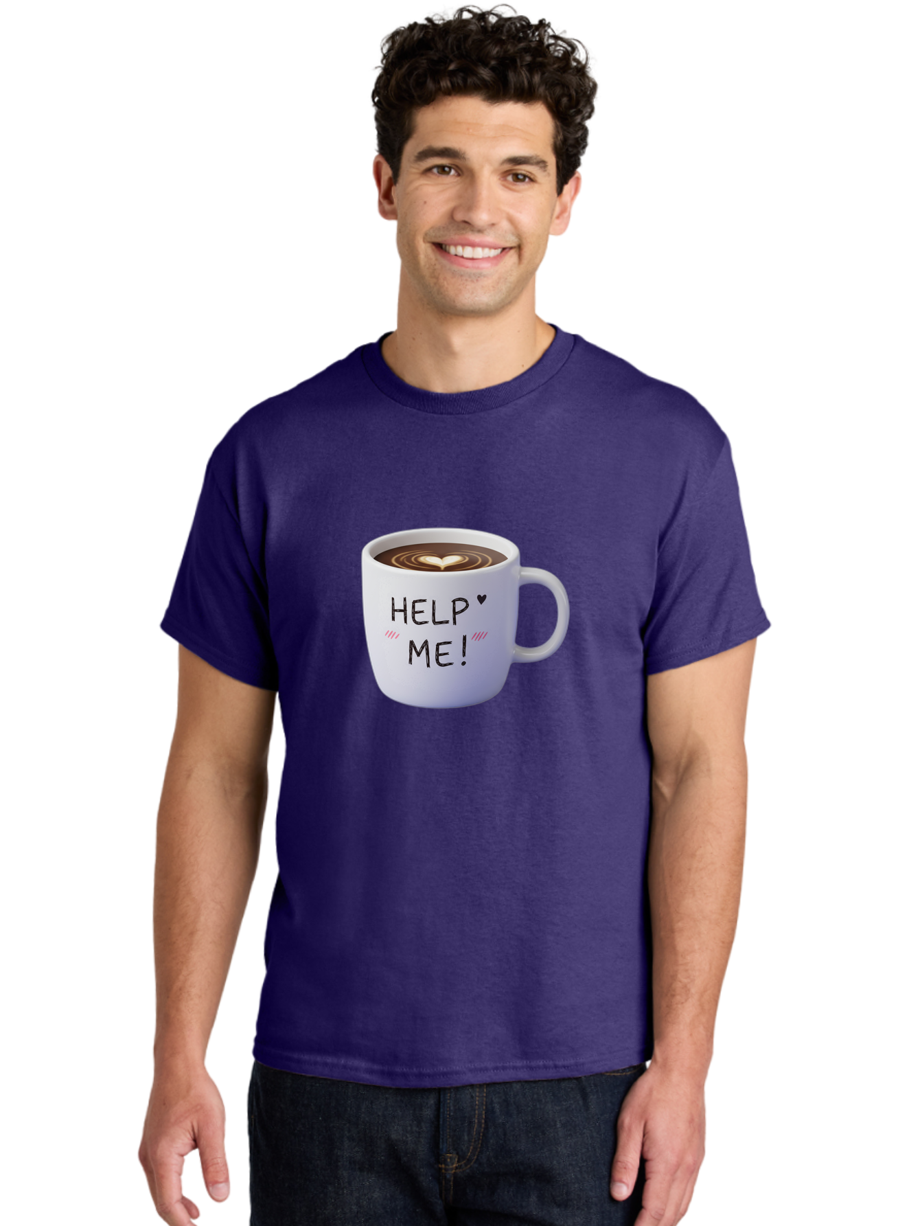 Help-Me-7 Men'S Graphic Tee, 100% Cotton, Comfortable Casual Summer Wear, Machine Washable, Coffee Mug With Heart Design, Coffee Art, 'Help Me' Text, Latte Art, Coffee Culture, Morning Pick-Me-Up, Coffee Love, Daily Grind Bac047