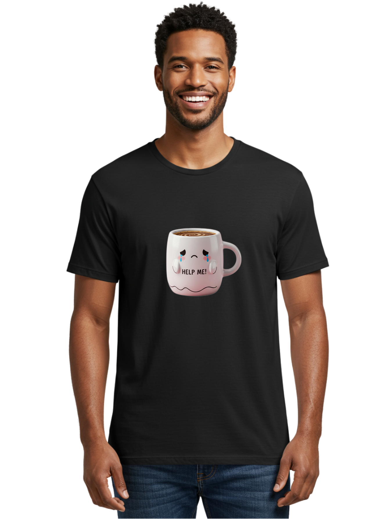 Help-Me-8 Men'S Graphic Tee, 100% Cotton, Comfortable Casual Summer Wear, Machine Washable, Sad Coffee Mug, Crying Face Design, Coffee Drink, Emotional Expression, Distressed Emotions, Quirky Humor, Funny Coffee Culture Bac048
