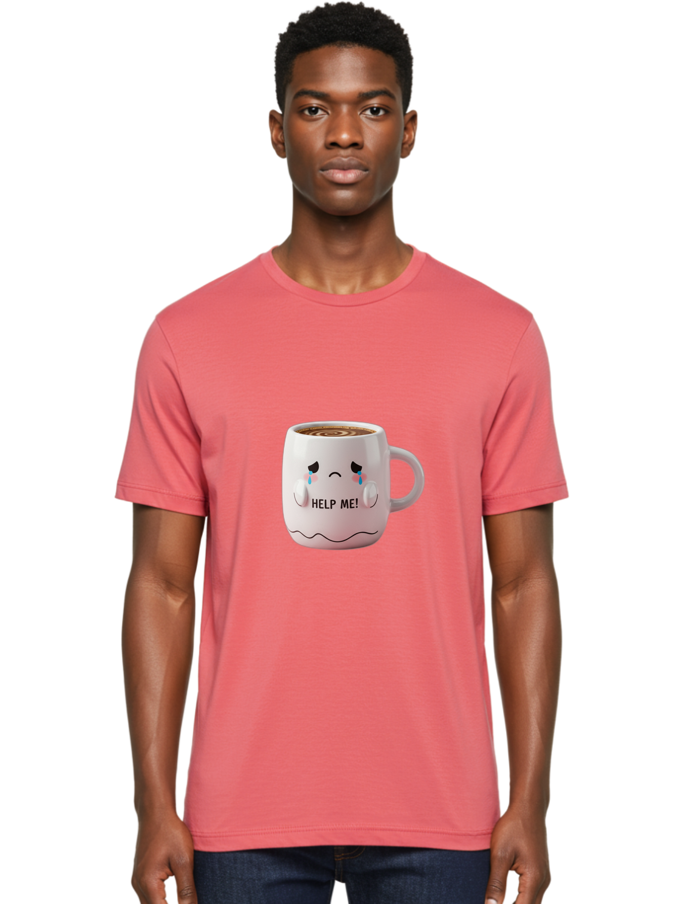 Help-Me-8 Men'S Graphic Tee, 100% Cotton, Comfortable Casual Summer Wear, Machine Washable, Sad Coffee Mug, Crying Face Design, Coffee Drink, Emotional Expression, Distressed Emotions, Quirky Humor, Funny Coffee Culture Bac048