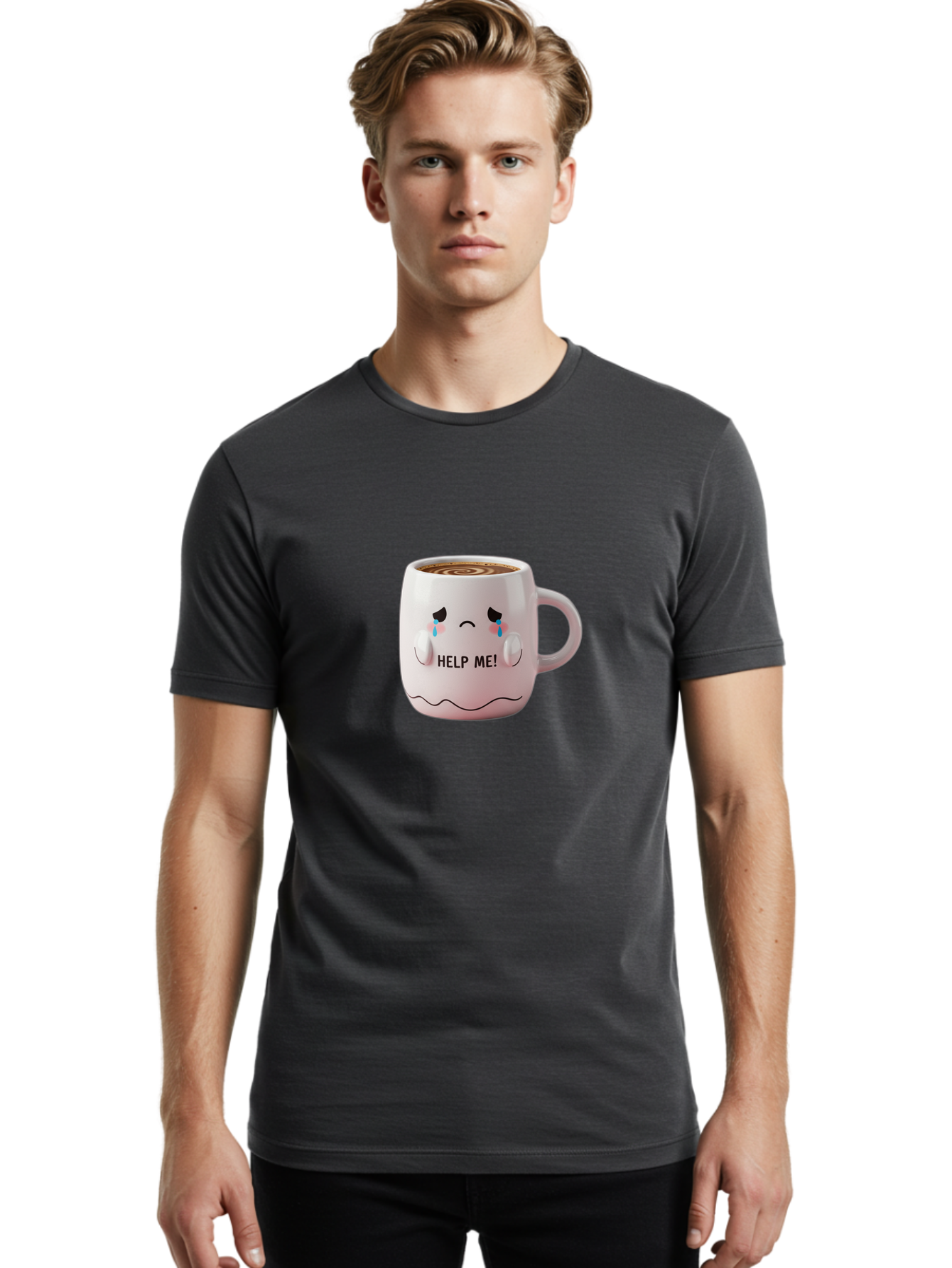 Help-Me-8 Men'S Graphic Tee, 100% Cotton, Comfortable Casual Summer Wear, Machine Washable, Sad Coffee Mug, Crying Face Design, Coffee Drink, Emotional Expression, Distressed Emotions, Quirky Humor, Funny Coffee Culture Bac048