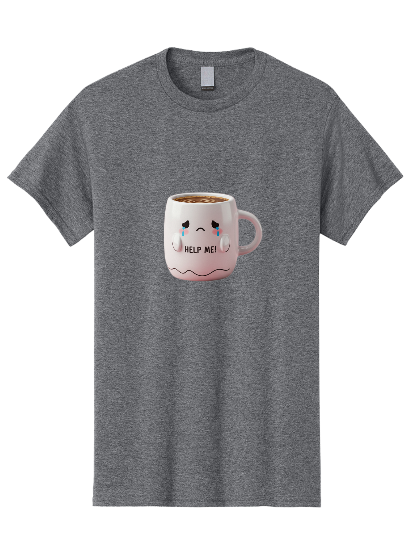 Help-Me-8 Men'S Graphic Tee, 100% Cotton, Comfortable Casual Summer Wear, Machine Washable, Sad Coffee Mug, Crying Face Design, Coffee Drink, Emotional Expression, Distressed Emotions, Quirky Humor, Funny Coffee Culture Bac048