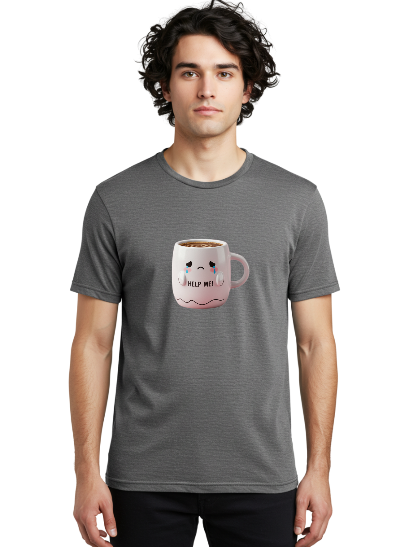 Help-Me-8 Men'S Graphic Tee, 100% Cotton, Comfortable Casual Summer Wear, Machine Washable, Sad Coffee Mug, Crying Face Design, Coffee Drink, Emotional Expression, Distressed Emotions, Quirky Humor, Funny Coffee Culture Bac048