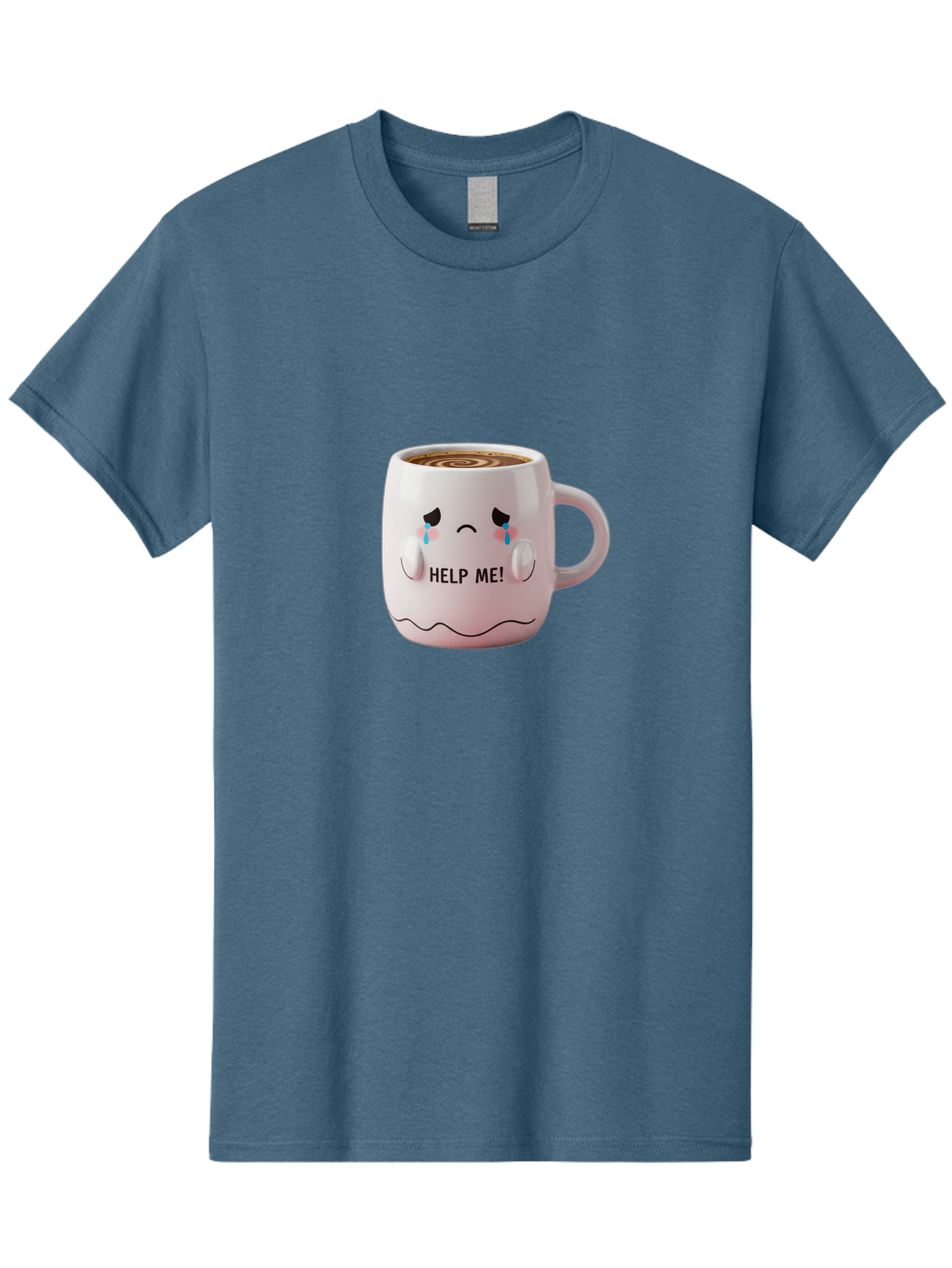 Help-Me-8 Men'S Graphic Tee, 100% Cotton, Comfortable Casual Summer Wear, Machine Washable, Sad Coffee Mug, Crying Face Design, Coffee Drink, Emotional Expression, Distressed Emotions, Quirky Humor, Funny Coffee Culture Bac048