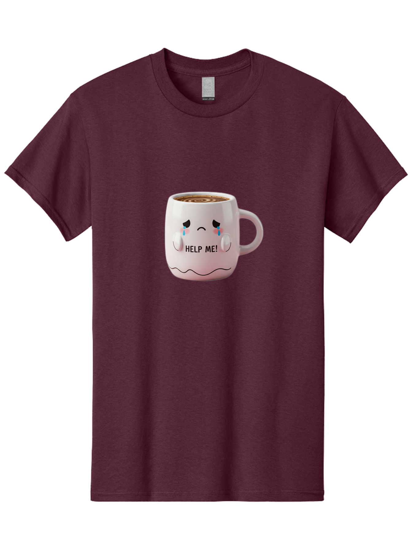 Help-Me-8 Men'S Graphic Tee, 100% Cotton, Comfortable Casual Summer Wear, Machine Washable, Sad Coffee Mug, Crying Face Design, Coffee Drink, Emotional Expression, Distressed Emotions, Quirky Humor, Funny Coffee Culture Bac048