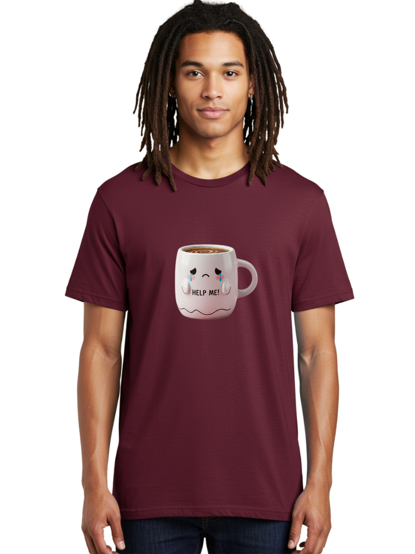 Help-Me-8 Men'S Graphic Tee, 100% Cotton, Comfortable Casual Summer Wear, Machine Washable, Sad Coffee Mug, Crying Face Design, Coffee Drink, Emotional Expression, Distressed Emotions, Quirky Humor, Funny Coffee Culture Bac048