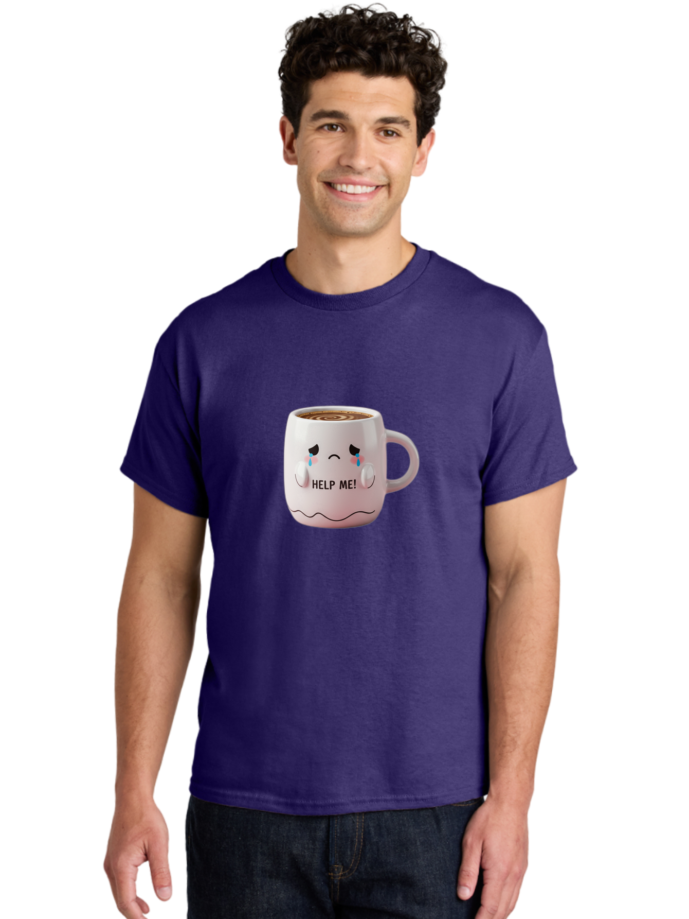 Help-Me-8 Men'S Graphic Tee, 100% Cotton, Comfortable Casual Summer Wear, Machine Washable, Sad Coffee Mug, Crying Face Design, Coffee Drink, Emotional Expression, Distressed Emotions, Quirky Humor, Funny Coffee Culture Bac048