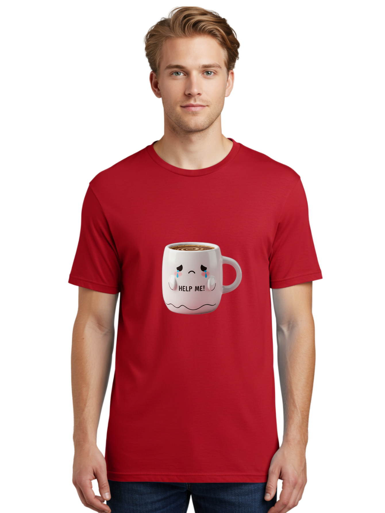 Help-Me-8 Men'S Graphic Tee, 100% Cotton, Comfortable Casual Summer Wear, Machine Washable, Sad Coffee Mug, Crying Face Design, Coffee Drink, Emotional Expression, Distressed Emotions, Quirky Humor, Funny Coffee Culture Bac048