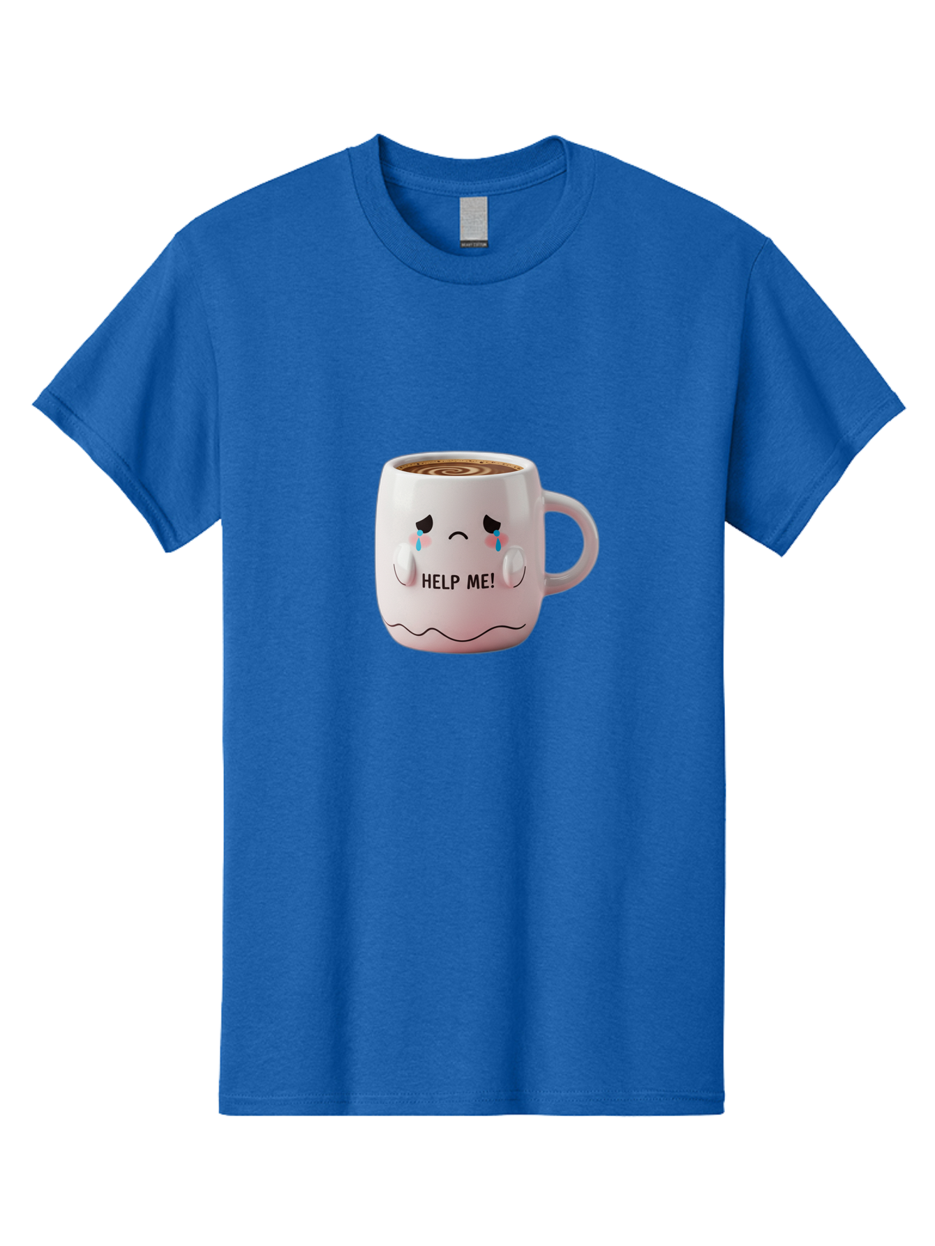 Help-Me-8 Men'S Graphic Tee, 100% Cotton, Comfortable Casual Summer Wear, Machine Washable, Sad Coffee Mug, Crying Face Design, Coffee Drink, Emotional Expression, Distressed Emotions, Quirky Humor, Funny Coffee Culture Bac048