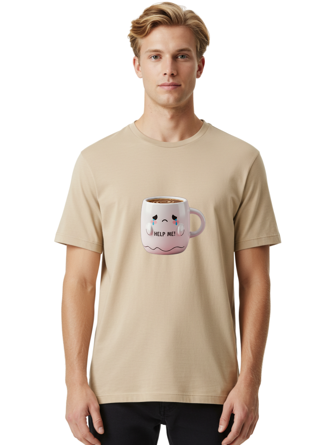 Help-Me-8 Men'S Graphic Tee, 100% Cotton, Comfortable Casual Summer Wear, Machine Washable, Sad Coffee Mug, Crying Face Design, Coffee Drink, Emotional Expression, Distressed Emotions, Quirky Humor, Funny Coffee Culture Bac048