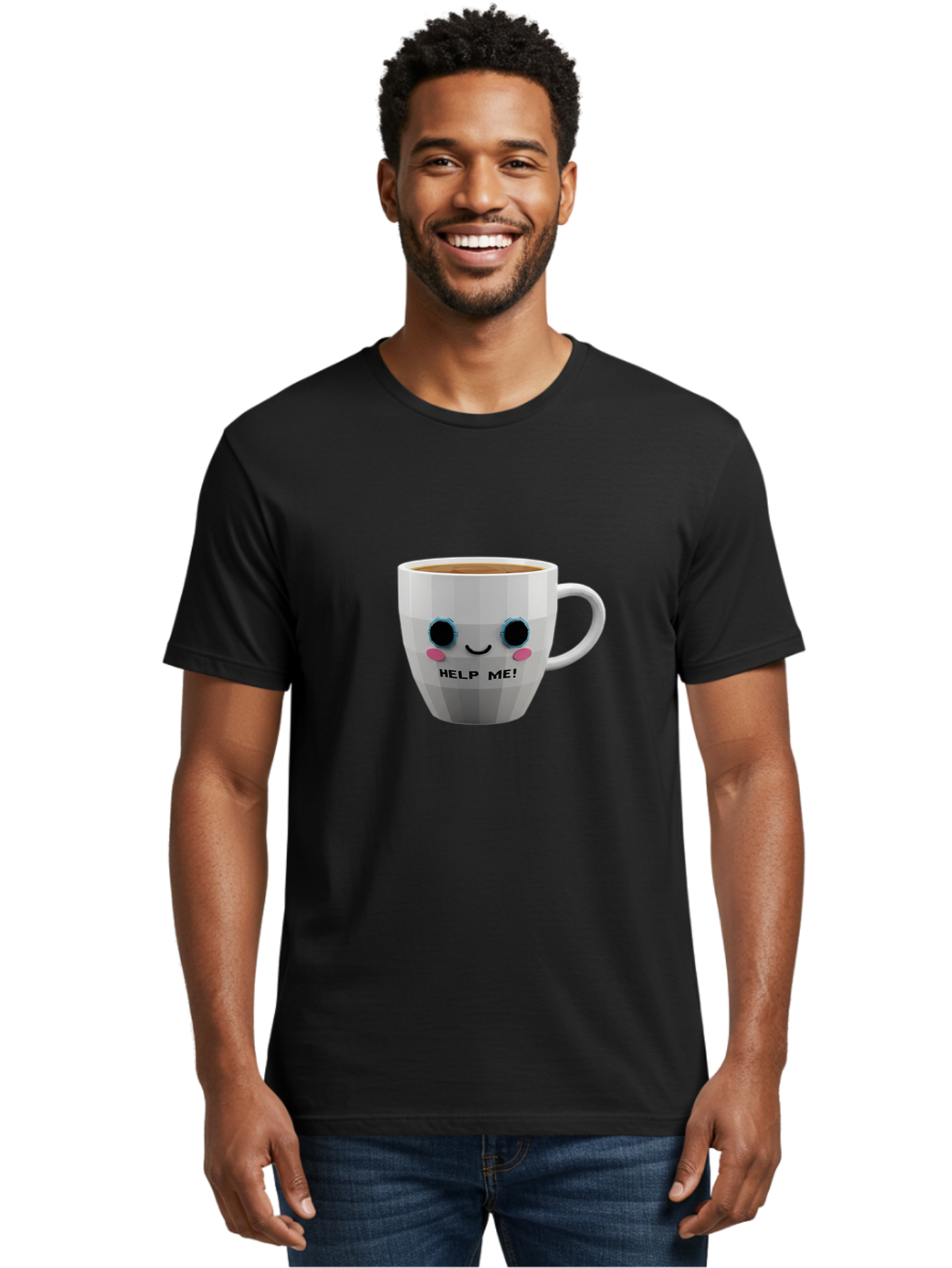 Help-Me-9 Men'S Graphic Tee, 100% Cotton, Comfortable Casual Summer Wear, Machine Washable, Cute Coffee Cup, Cartoon Character, Coffee Break, Funny Design, Animated Mug, Humorous Illustration, Coffee Humor, Cute Design, Coffee Lover Bac049