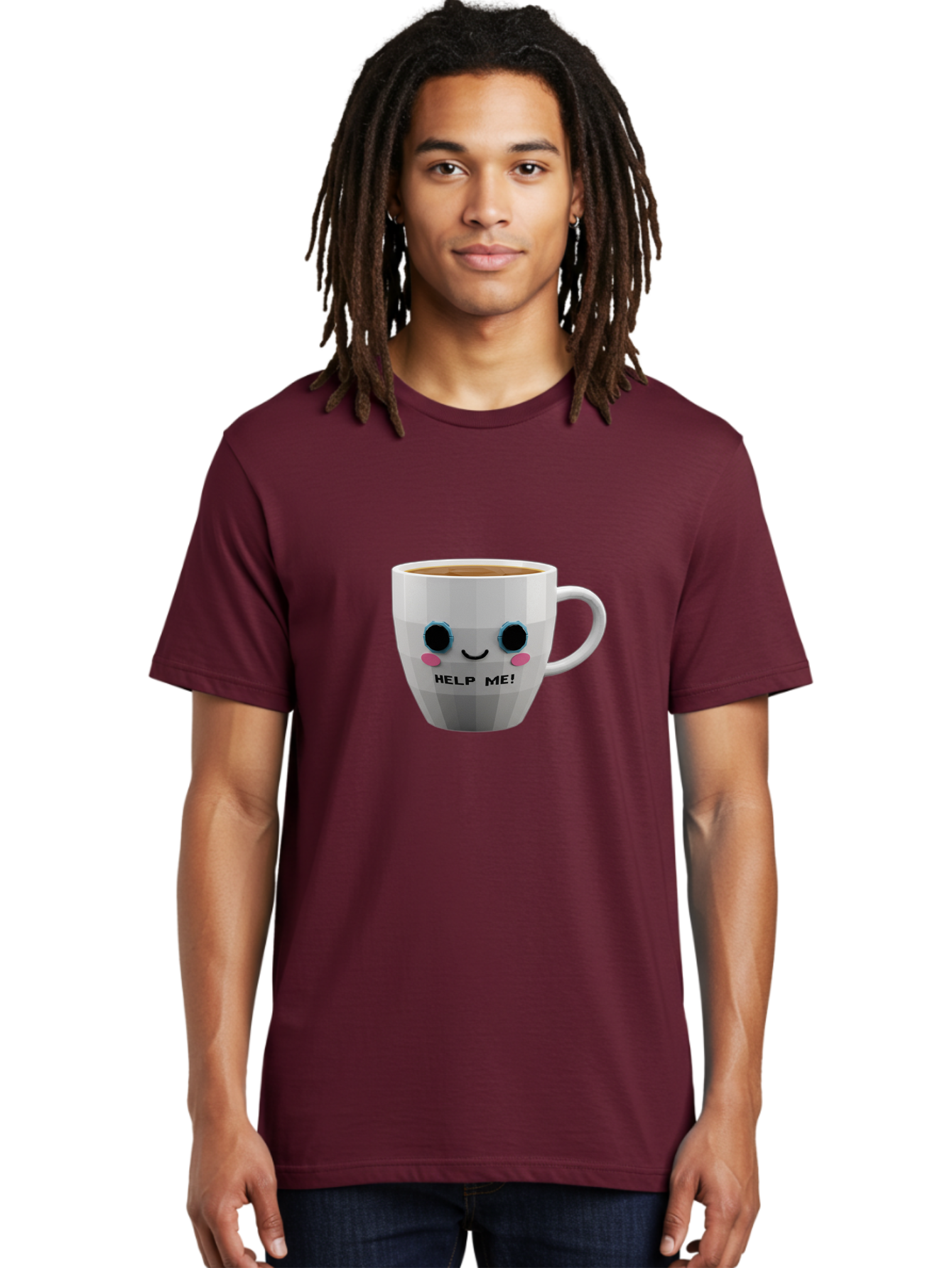 Help-Me-9 Men'S Graphic Tee, 100% Cotton, Comfortable Casual Summer Wear, Machine Washable, Cute Coffee Cup, Cartoon Character, Coffee Break, Funny Design, Animated Mug, Humorous Illustration, Coffee Humor, Cute Design, Coffee Lover Bac049